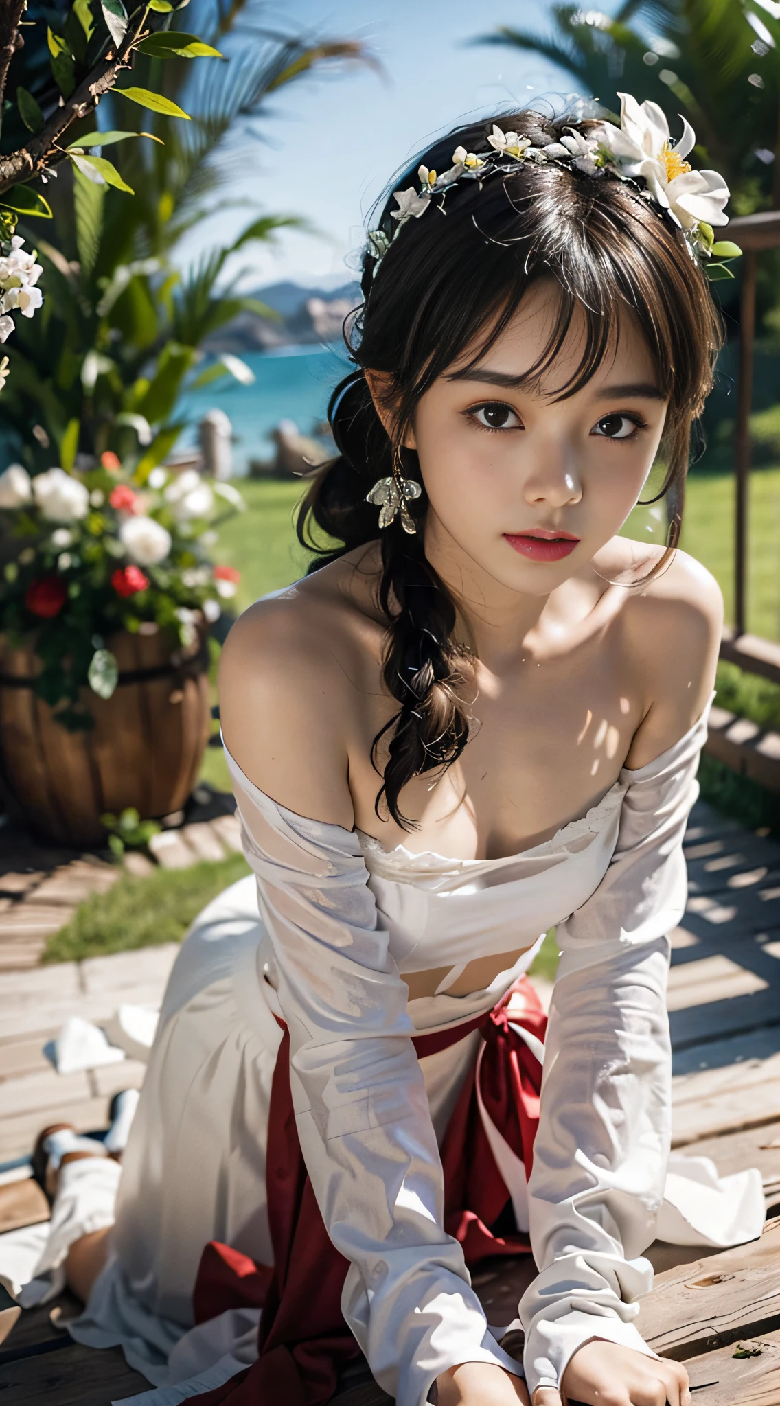 （4k transparent high quality wallpaper，a warm color palette，Soft natural light，high light）（Masterpiece,High-quality body portraits，frontage，Ancient wind）（15year old，French bangs，Bandeau long-sleeved hanfu，There are skirts，pony tails，perfect body figure，Bigchest（1.2），big assa（1.2），broad shoulder（1.2）,Sexy cute ancient girl lying on the ground looking up，Two long white legs（1.2），Small lips（1.2），Wear a garland on your head，delicate finger，Wear white stockings on your feet，Be red in the face）（blue clear skies，waterfallr（1.2），In a chalet by the sea)