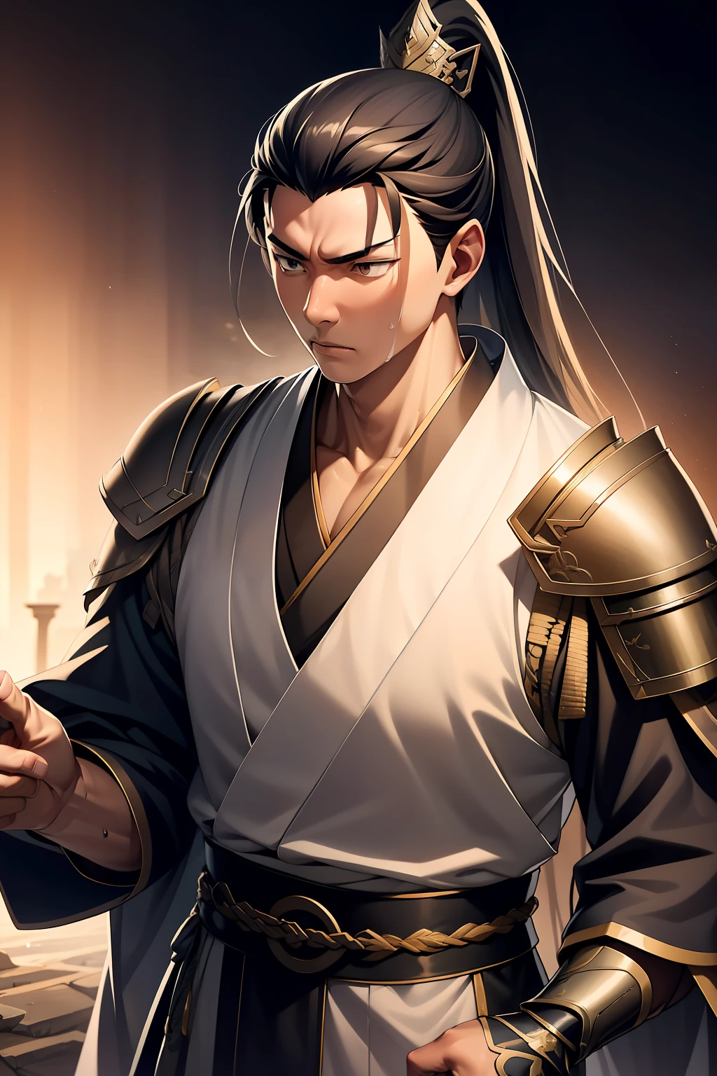 quadratic element,style of anime,mtu(Male Warrior),The proportions are correct,Face details,swordsmen,High ponytail hairstyle,Neck details,There is an Adam's apple,Black Hanfu,kaftan,Embroidered robes,Black robe,clothes details,Handing over,longer sleeves,Game quality,Swordsmanship,Light and shadow tracking,Ray traching,detailed glow,cg render,hair detail,cabelos preto e longos,Black eyes,Handsome,Handsome,(juvenile sense),Clothing is complicated,Perfectcomposition,Refinement,high qulity,higher details,Lots of details,The background is complex,a sense of atmosphere,