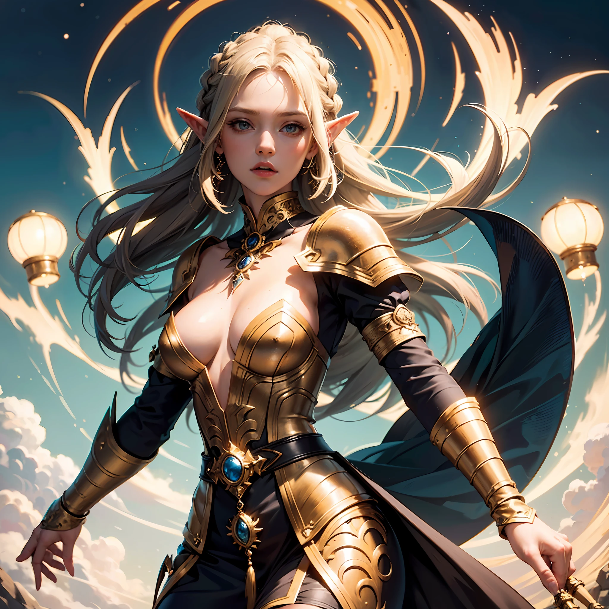 8k, ultra detailed, masterpiece, best quality, (extremely detailed), dynamic angle, anatomically correct, an ultra wide angle picture of a female elf wizard in front of a magical tower (1.5 intricate details, Masterpiece, best quality), female elf (1.5 intricate details, Masterpiece, best quality), beautiful elf, RPG elf (1.5 intricate details, Masterpiece, best quality), small pointed ears, blond hair, braided hair, magical tower ( 1.5, intense details, masterpiece), flowing robe, sun light,