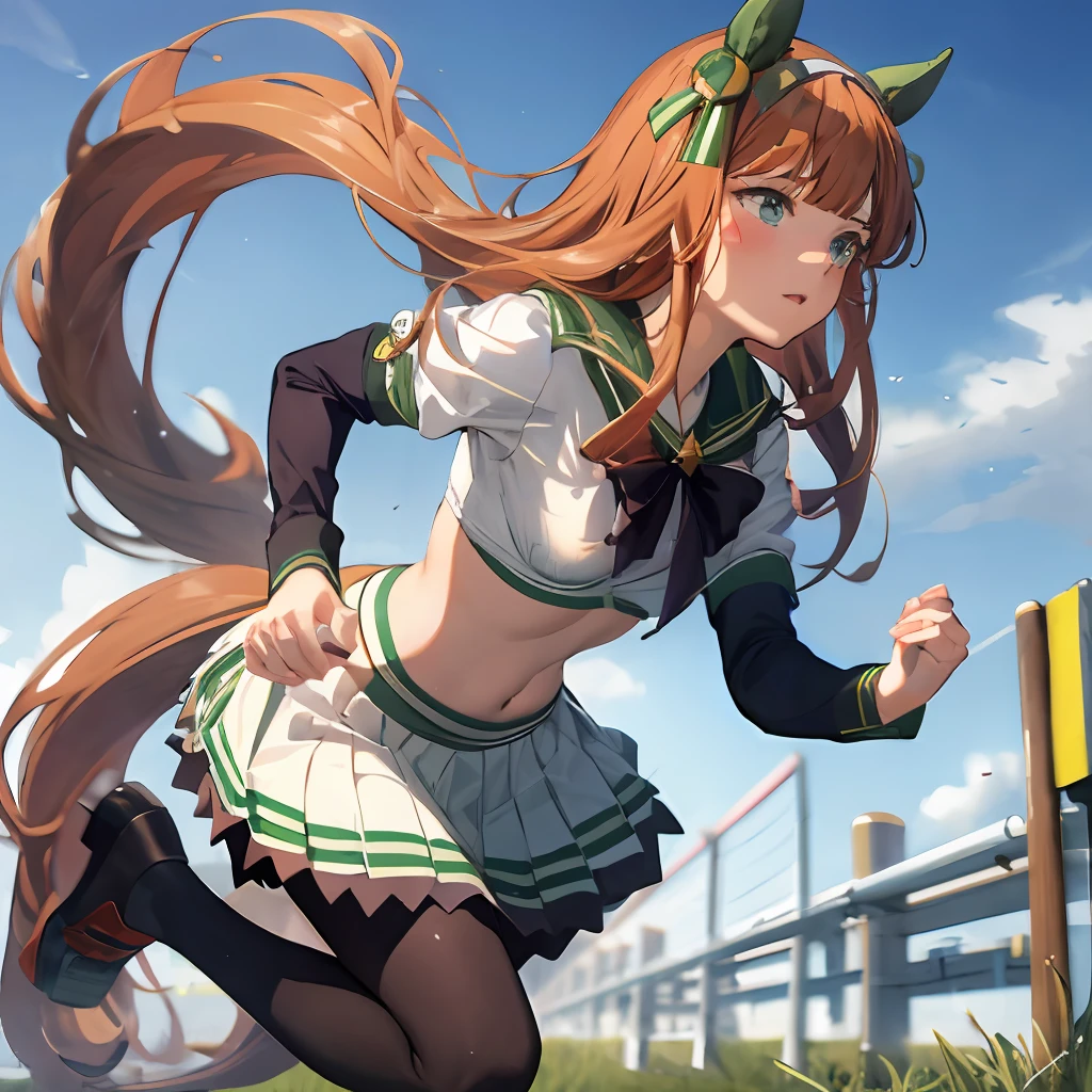 Masterpiece, Best Quality,  close up, face shot,
silence suzuka \(umamusume\),, white skirt, pleated skirt, black tights, white bra with patches, black bow, running, Loose grass, heel, Butt view, full length, Srusy