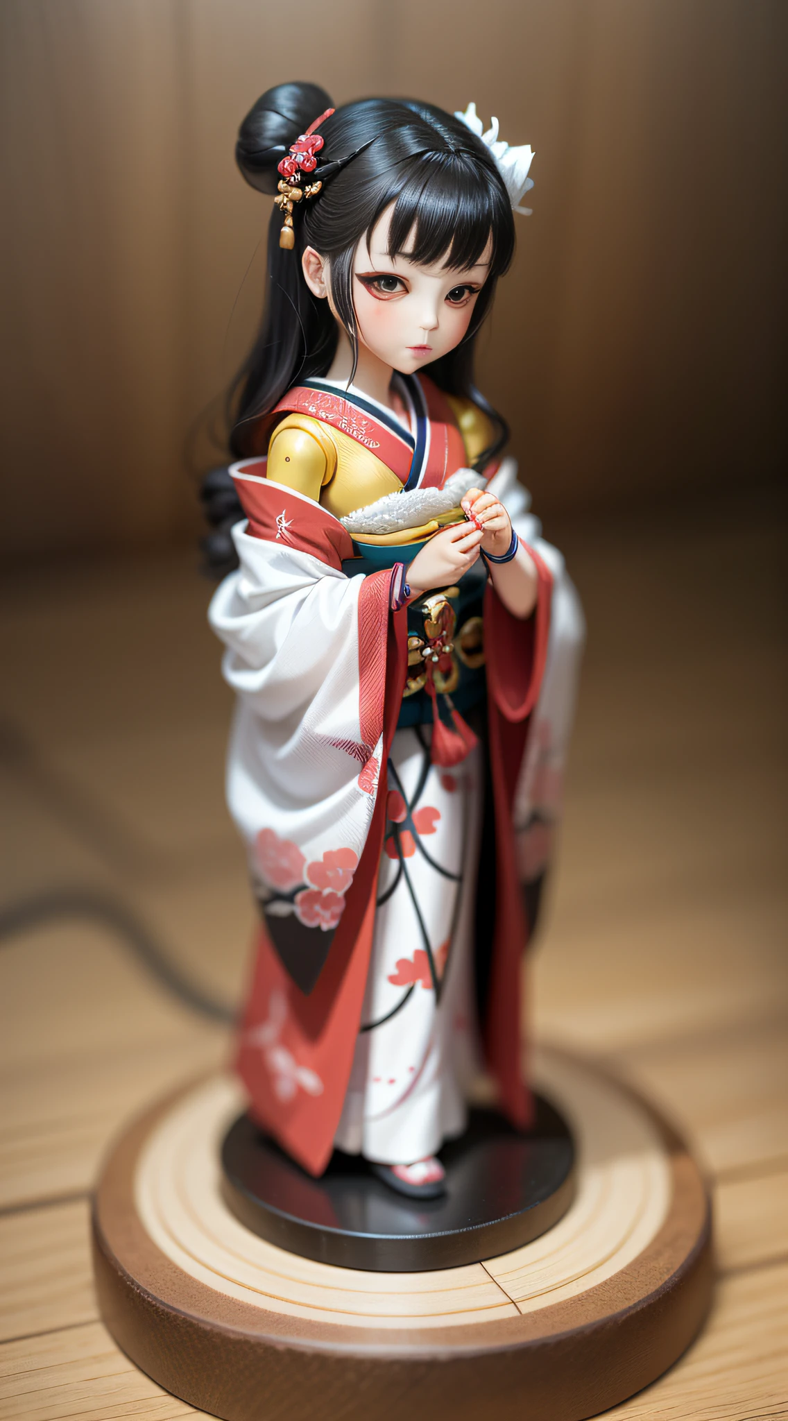 A small anime doll, Depiction of geisha, Inside the blind box, Place on a small pedestal, On a clean white background, Artificial light lighting. The artwork is of top-notch photographic quality, Capture every intricate detail of anime dolls.