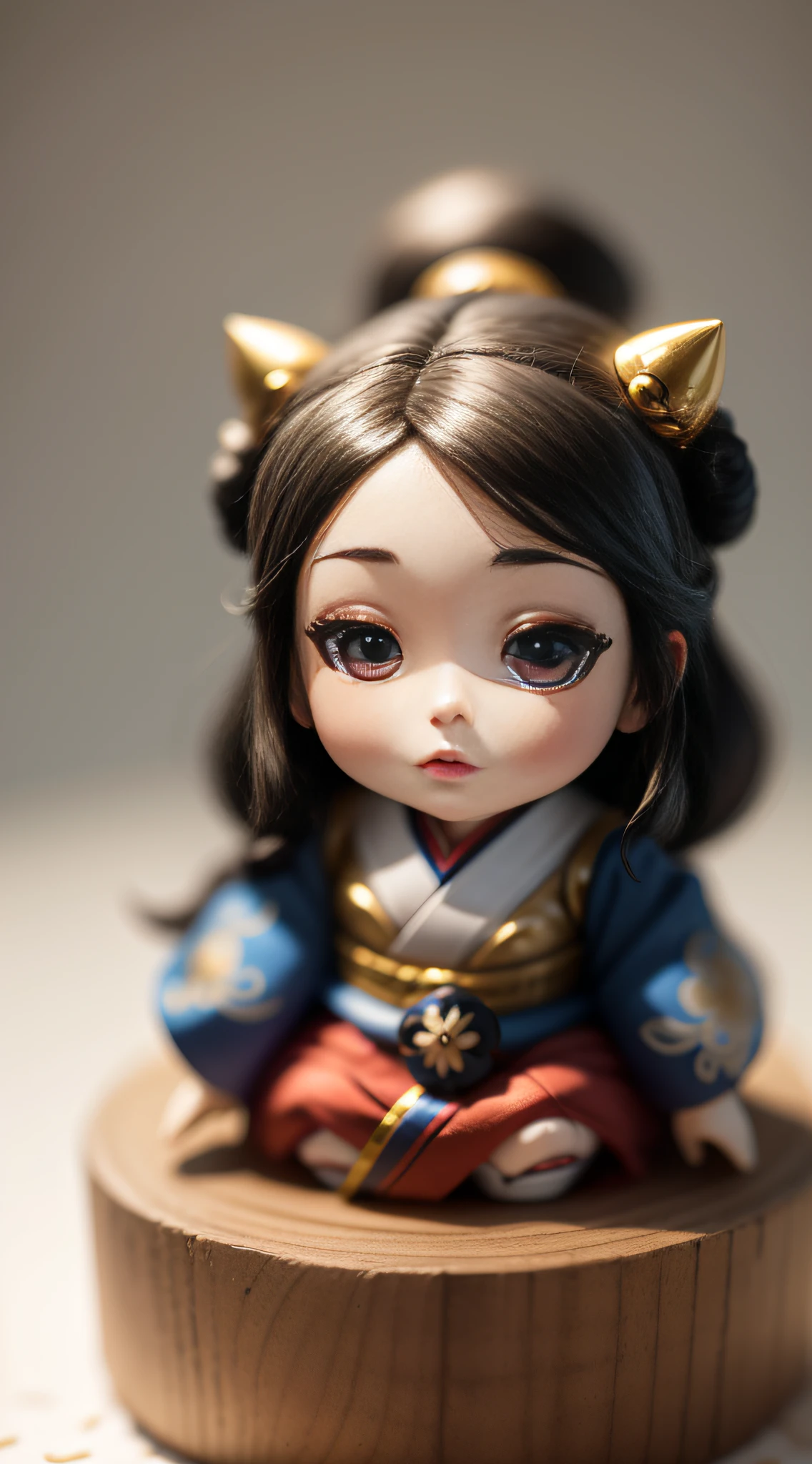 A small anime doll, Depiction of geisha, Inside the blind box, Place on a small pedestal, On a clean white background, Artificial light lighting. The artwork is of top-notch photographic quality, Capture every intricate detail of anime dolls.