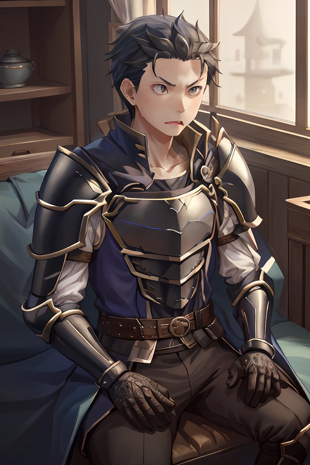 (1 Adult male),A high resolution, Sharp focus, Pixiv masterpiece, ((Complicated details)), highly detailed, natsuki_subaru, 1 man, with her mouth open,drools,full bodyesbian, blue colored eyes(eyes glowing), with short black hair,Armour,cloaks,Shoulder armor,perspire,look from down