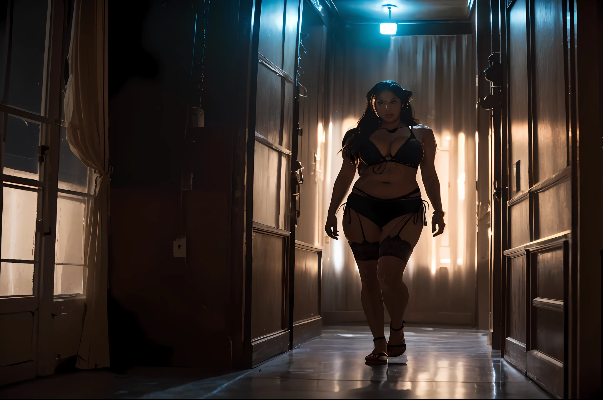 there is a woman in a bikini walking down a hallway, noire moody scene, standing in a dimly lit room, film noir lighting, inspired by Nan Goldin, korean film noir, 35mm dramatic lighting, neo noir style, 7 0 mm. dramatic lighting, neo - noir setting, in style of nan goldin, 7 0 mm dramatic lighting