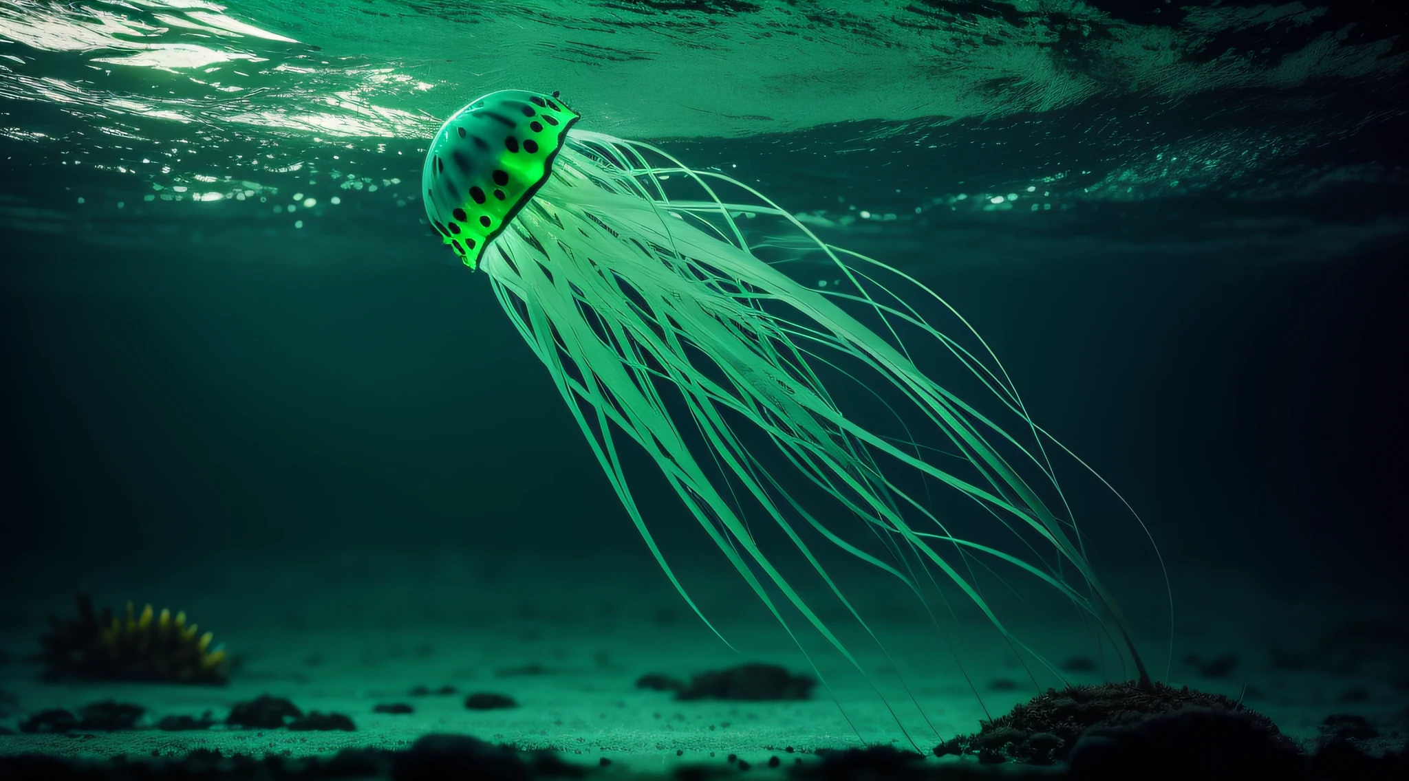 nuclear radiation, Mutated jellyfish,tentaculata,Spikes, Scary eyes, venomize, seabed, Light green water, Mysterious light,Hyper-realistic,real photograph,Camera photo,