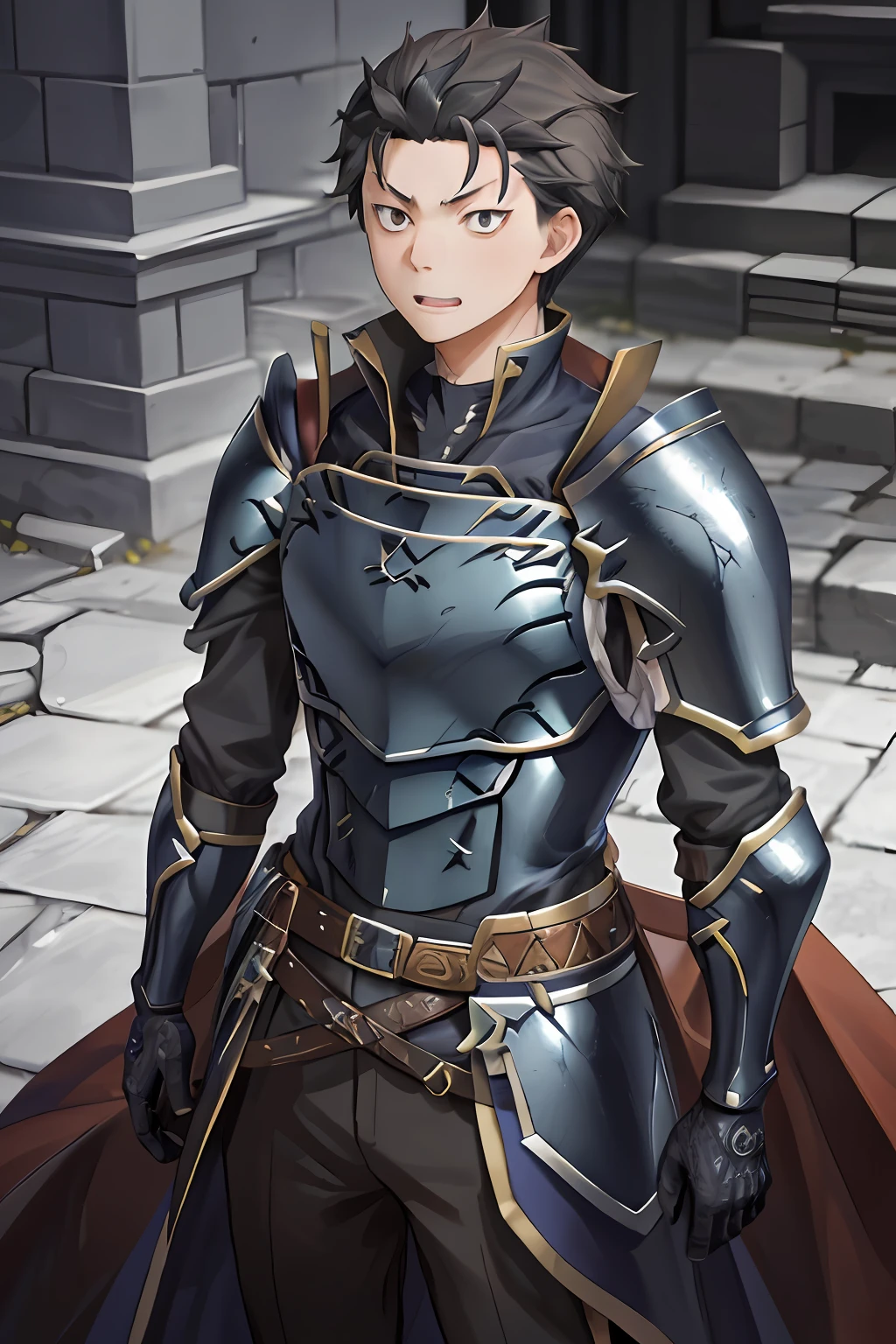 (1 Adult male),A high resolution, Sharp focus, Pixiv masterpiece, ((Complicated details)), highly detailed, natsuki_subaru, 1 man, with her mouth open,drools,full bodyesbian, blue colored eyes(eyes glowing), with short black hair,Armour,cloaks,Shoulder armor,perspire,look from down