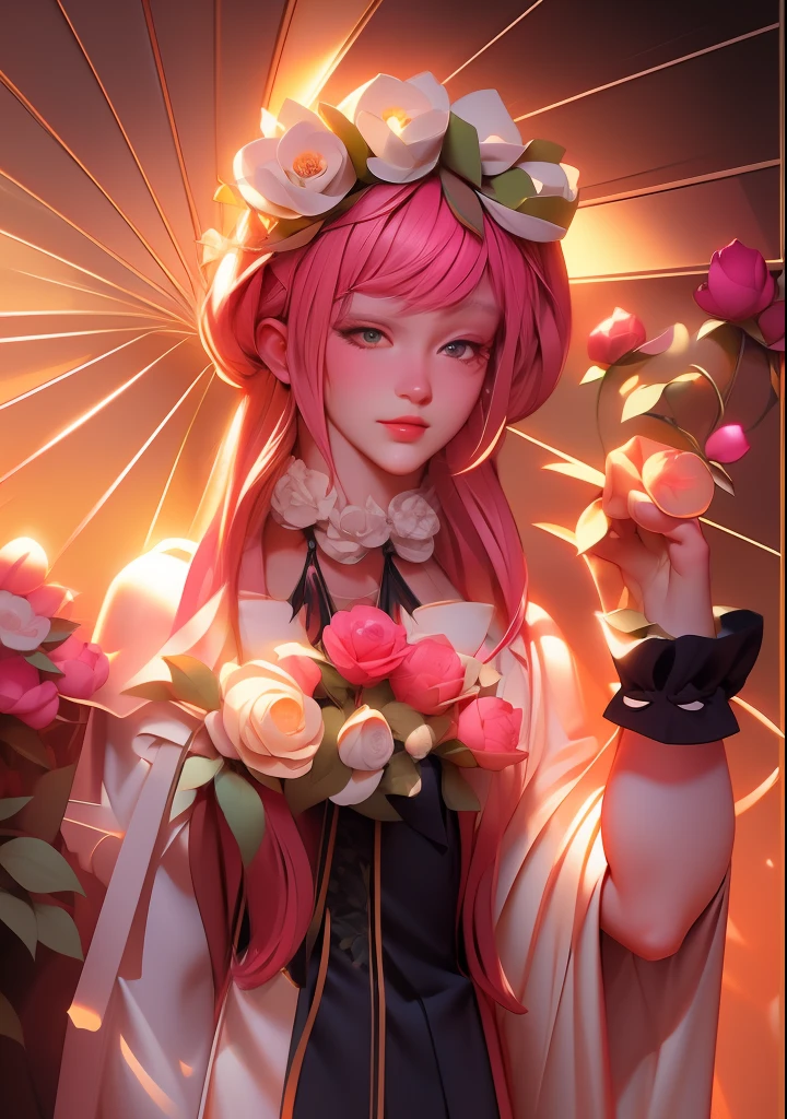 anime girl with pink hair holding a flower and umbrella, anime art nouveau, korean art nouveau anime, dreamy psychedelic anime, alphonse mucha and rossdraws, anime styled digital art, artwork in the style of guweiz, anime style mixed with fujifilm, digital anime illustration, digital art on pixiv, anime style illustration, anime graphic illustration,, beautiful line art, detailed manga style, extremely fine ink lineart,exquisite line art, perfect lineart,exquisite line art, exquisite digital illustration, detailed digital drawing,digital anime illustration, a beautiful artwork illustration, detailed matte fantasy portrait, beautiful line art, great digital art with details, goddess. extremely high detail, 4k detailed digital art, stunning digital illustration, digital fantasy illustration,((Best quality)), ((masterpiece)), (detailed:1.4), 3D, an image of a beautiful female,HDR (High Dynamic Range),Ray Tracing,NVIDIA RTX,Super-Resolution,Unreal 5,Subsurface scattering,PBR Texturing,Post-processing,Anisotropic Filtering,Depth-of-field,Maximum clarity and sharpness,Multi-layered textures,Albedo and Specular maps,Surface shading,Accurate simulation of light-material interaction,Perfect proportions,Octane Render, Two-tone lighting,Wide aperture,Low ISO,White balance,Rule of thirds,8K RAW,subsurface scattering, best ratio of four fingers and one thumb