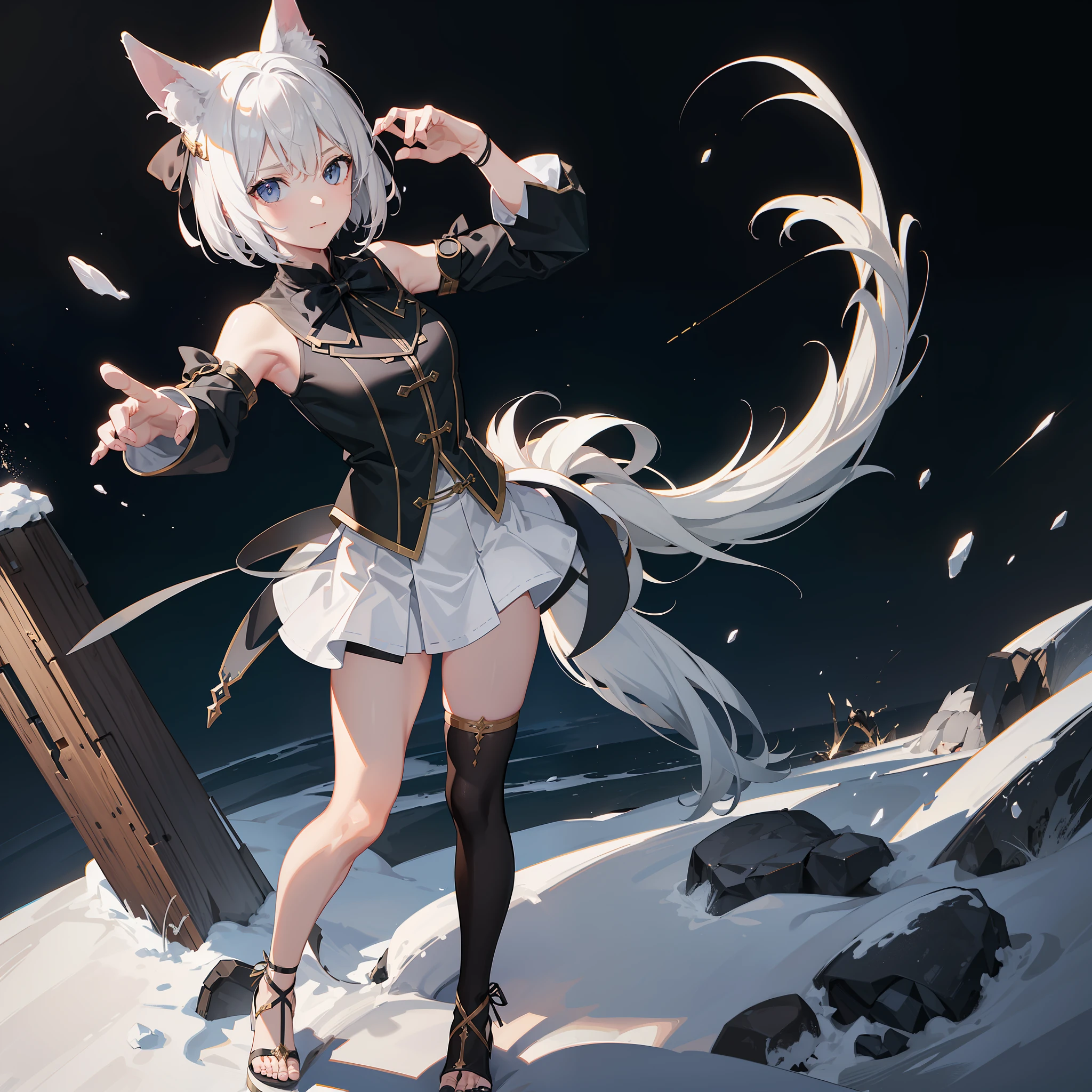(illusory engine,3D,CG,Ray tracing,rtx on,ambient occulsion,v-sync,ultra graphics quality,Anti – Aliasing,hdr,rtx 4090 ultra graphics settings,8x MSAA,ultra shadow quality,super sampling),(Batshit insane quality),(Masterpiece, Best quality:1.2),1girll,. Pan Chen,(Tail:1.3),Animal_hor ears,White_Hair,Grey_Eyes,fingerless_mitts,upper legs,bow,Claw pose,DX,
