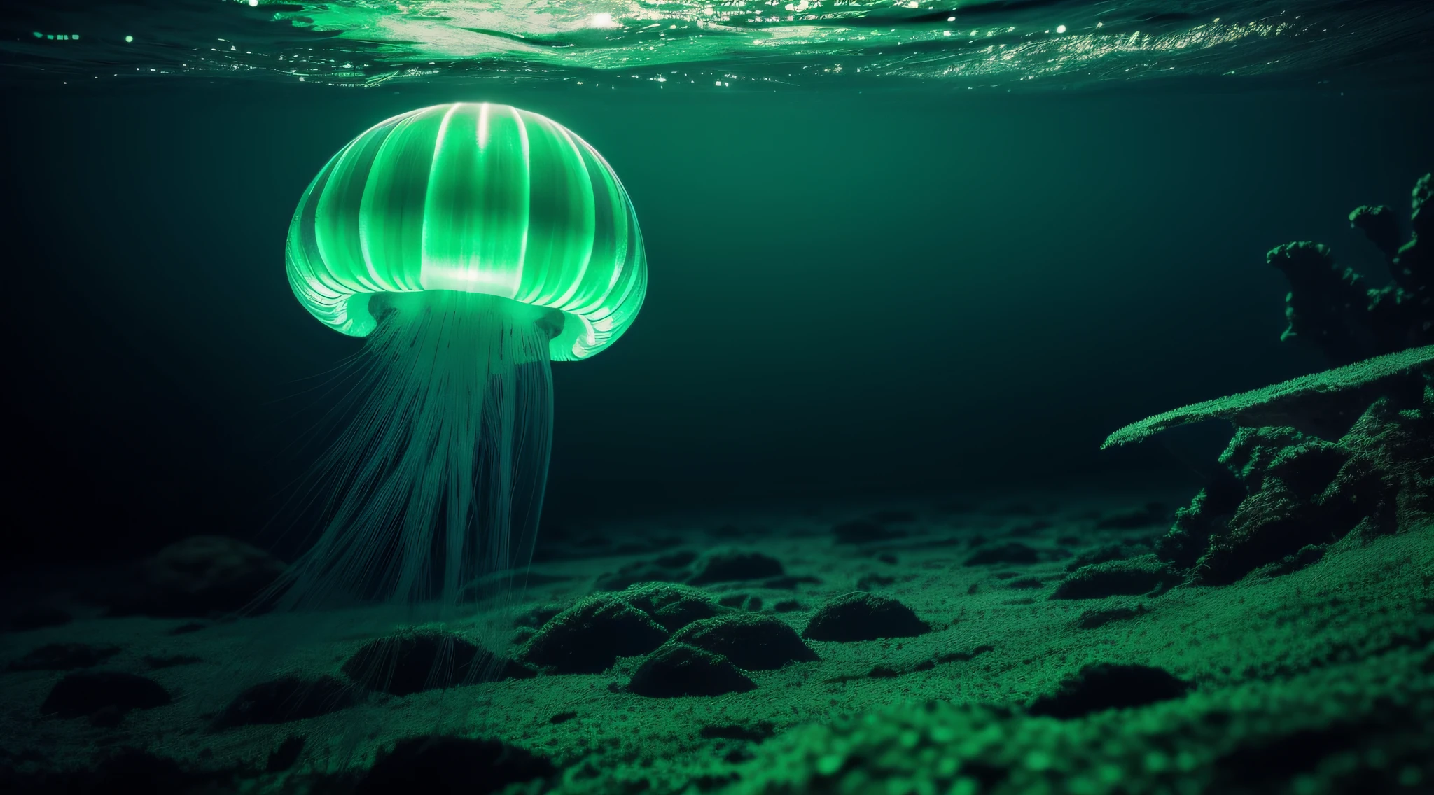 nuclear radiation, Mutated jellyfish, Scary eyes, venomize, seabed, Light green water, Mysterious light,Hyper-realistic，real photograph，Camera photo，