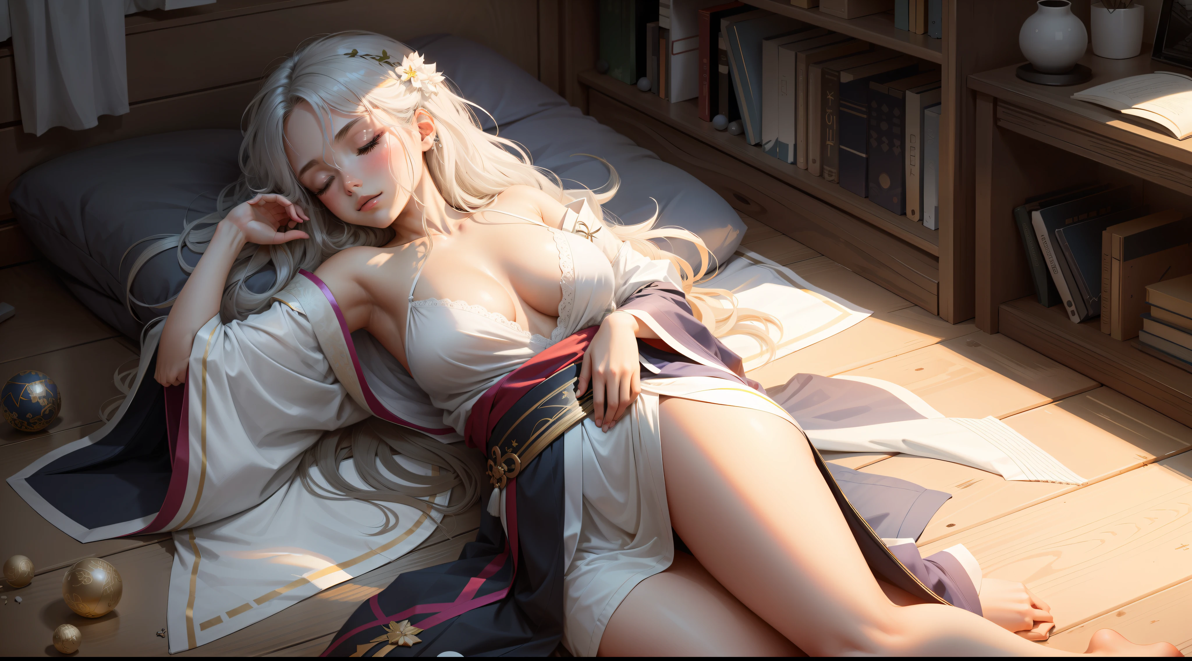 the night,messy rooms(Littered paper balls,Sleeping pet kicking away the quilt,Stacked books),Moonshine came in,Glows on the side of the face,Shine on the side face of the sleeping girl,22 year old,realisticlying,She wears colorful Hanfu,A looming robe,Wide robe,Wide cuffs,Off-the-shoulder attire,One shoulder,Expose the lateral breasts,huge tit,Exposed cleavage,Extra-long hair,Color gradient for long hair(1.5),Messy hair,Hair pressed under the body,Clothes are messy and scattered,I took off half of my clothes,Barefoot,realskin,realcumAI,Snow-white skin,Snow-white thighs,Top image quality,Extreme light and shadow,