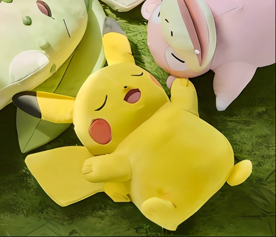 masterpiece,hightquality,high-level image quality,plushies, Grass background,Solo Pikachu on the lawn, Pikachu sleeping soundly, plushie photography, Soft, Pikachu, sonichu, Playing Card Training Pikachu,Pikachu Only,