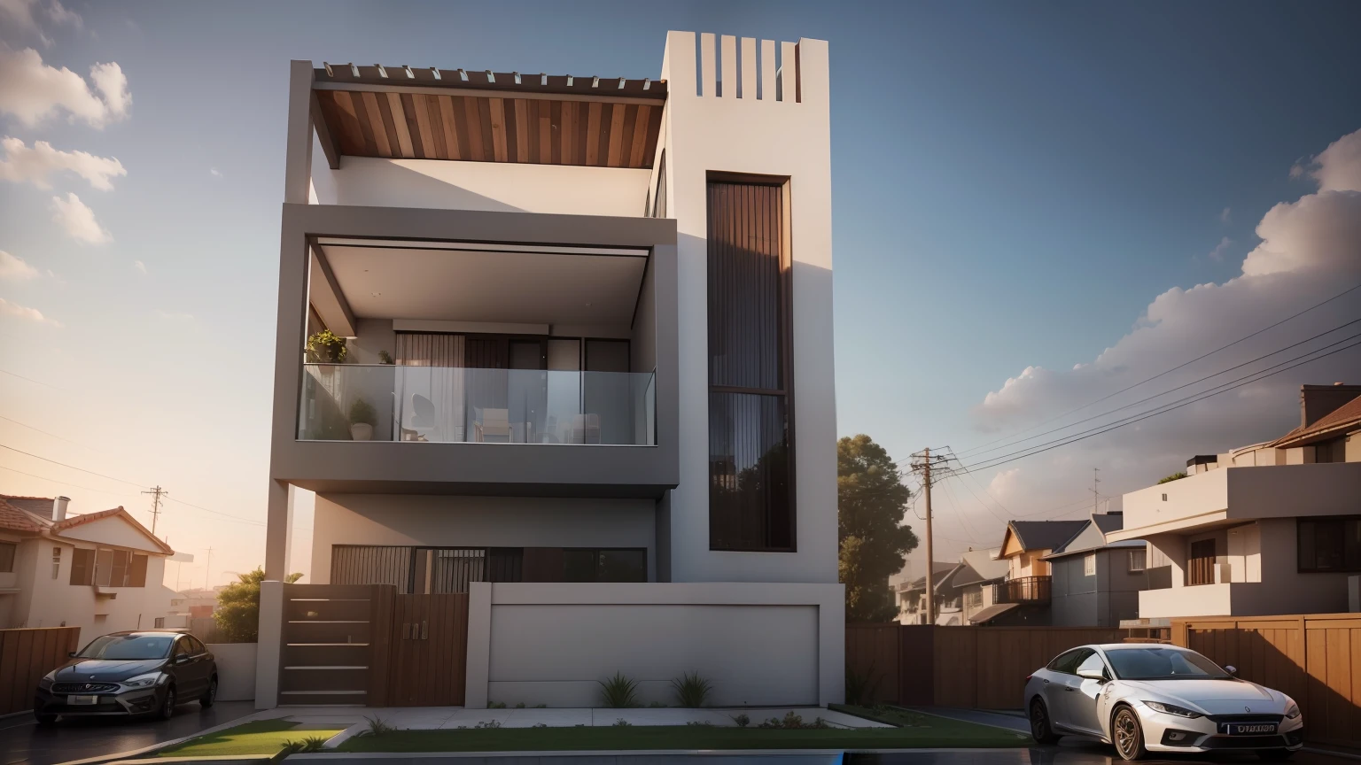 a close up of a house with a lot of windows and a balcony, inter dimensional villa, overall architectural design, modern architecture design, exterior design, high quality rendering, render to resolute perfection, building facing, architectural visualization, precise architectural rendering, architecture design, residential design, beautiful 3 d rendering, 3 d rendering, 3d rendering, professional render ,add little garden, plants , add lawn at front , retain original colours of house material