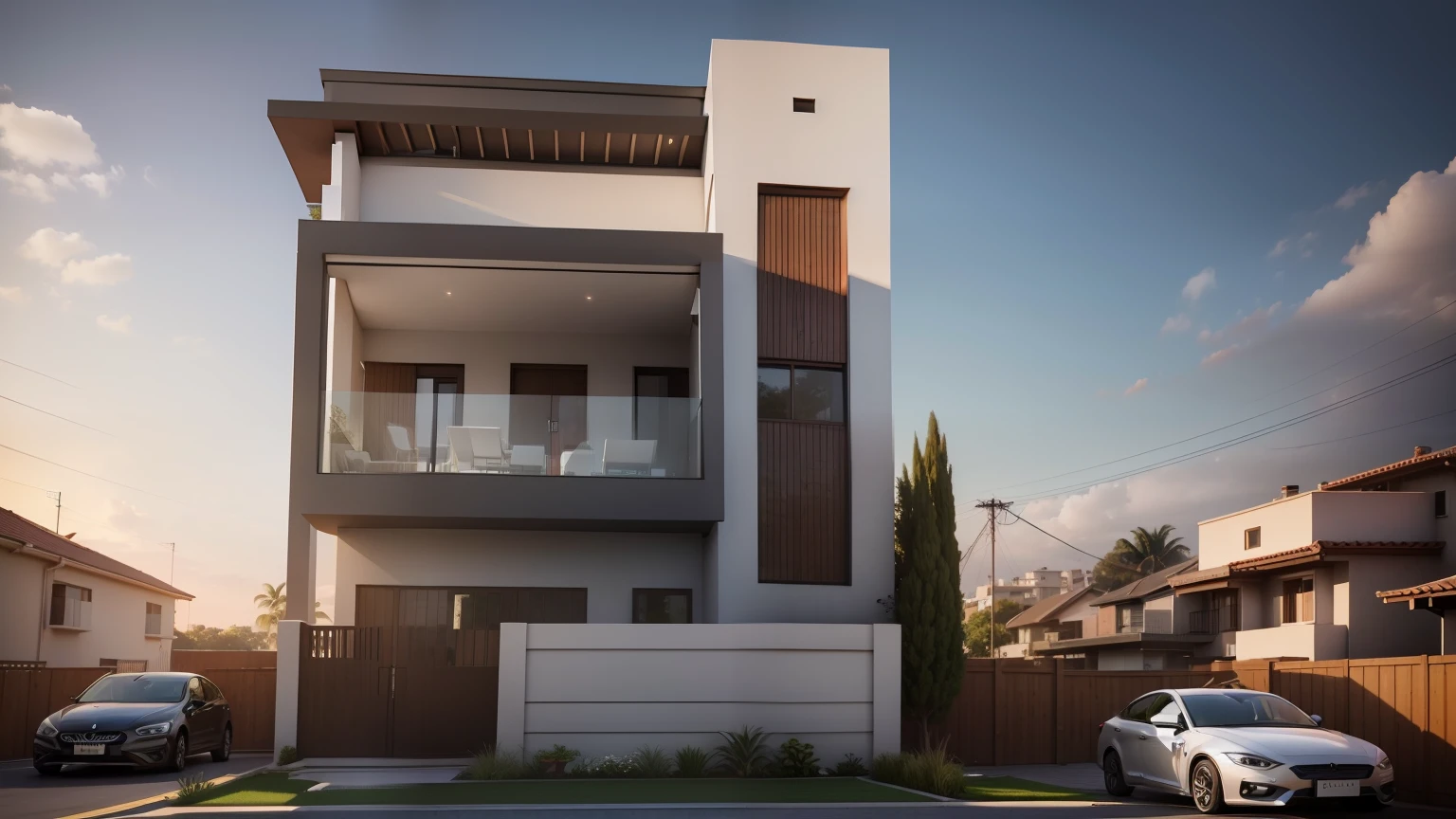a close up of a house with a lot of windows and a balcony, inter dimensional villa, overall architectural design, modern architecture design, exterior design, high quality rendering, render to resolute perfection, building facing, architectural visualization, precise architectural rendering, architecture design, residential design, beautiful 3 d rendering, 3 d rendering, 3d rendering, professional render ,add little garden, plants , add lawn at front , retain original colours of house material