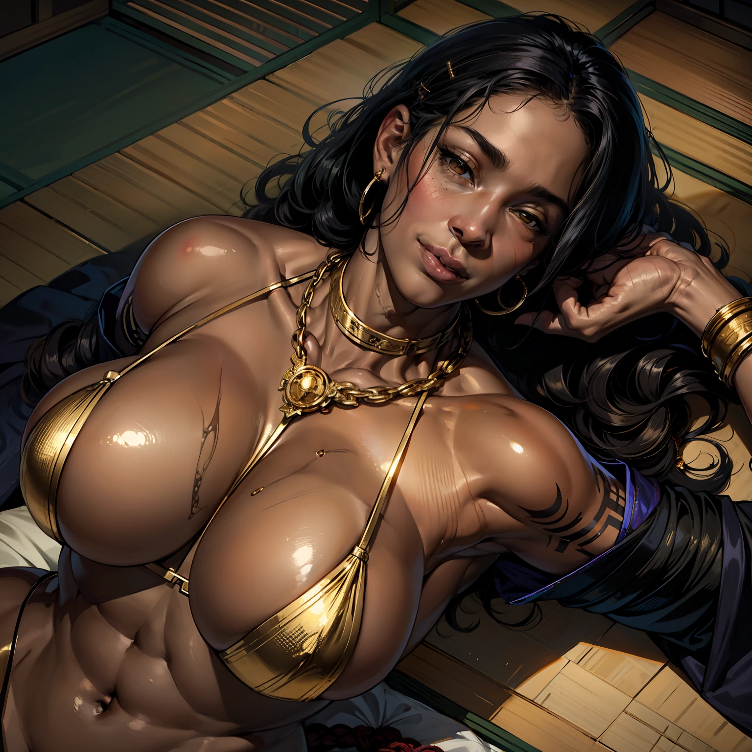 Solo,1 mature female,Dark skin, in ryokan,On tatami,Pubic hair, Wear only sexy gold jewelry,Gold nipple shield,gold chains,No panties,Wavy hair,Drill hair, Shiny wet skin,cametto, Black hair,Wide shot,tattoo,Large breasts, sexually arousing, sexual expressio,Lie down,Lie on a tatami,The back is underneath,full bodyesbian,from the above,The chest faces the audience,looking toward the viewer,seduct smile,Madame,Hairpins,Hands up,Exposed armpits,