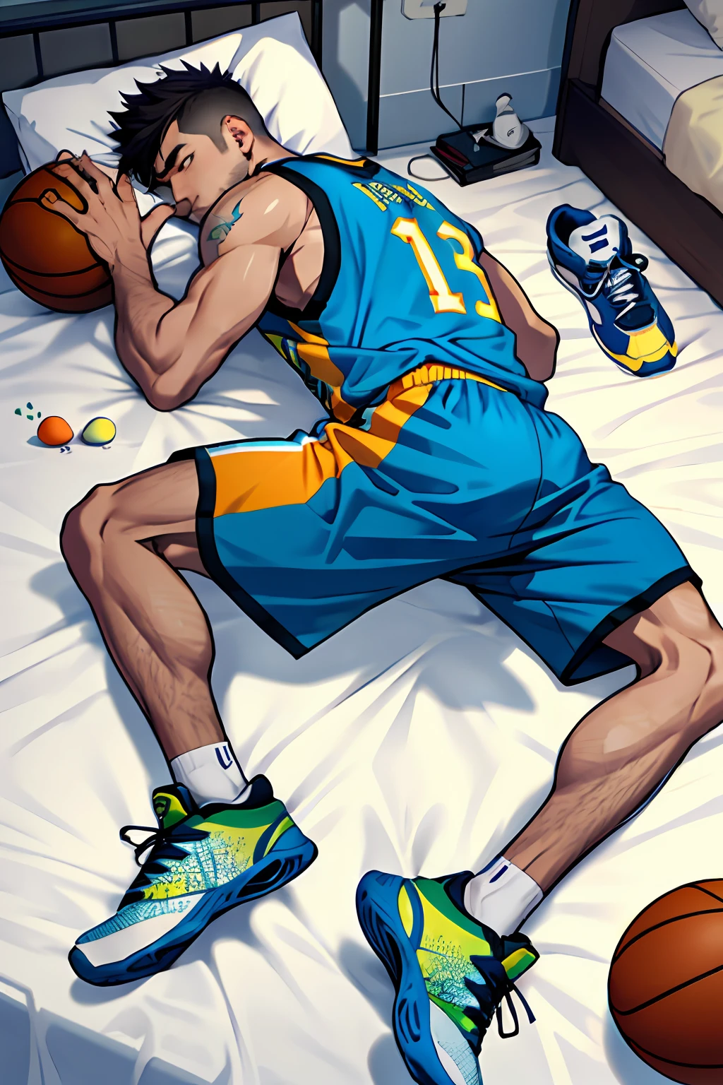 Lie down in bed,1boy,lewd poses,Exposure to urine,Cock your ass,Wear basketball shoes,NSFW,Pet the eggs,