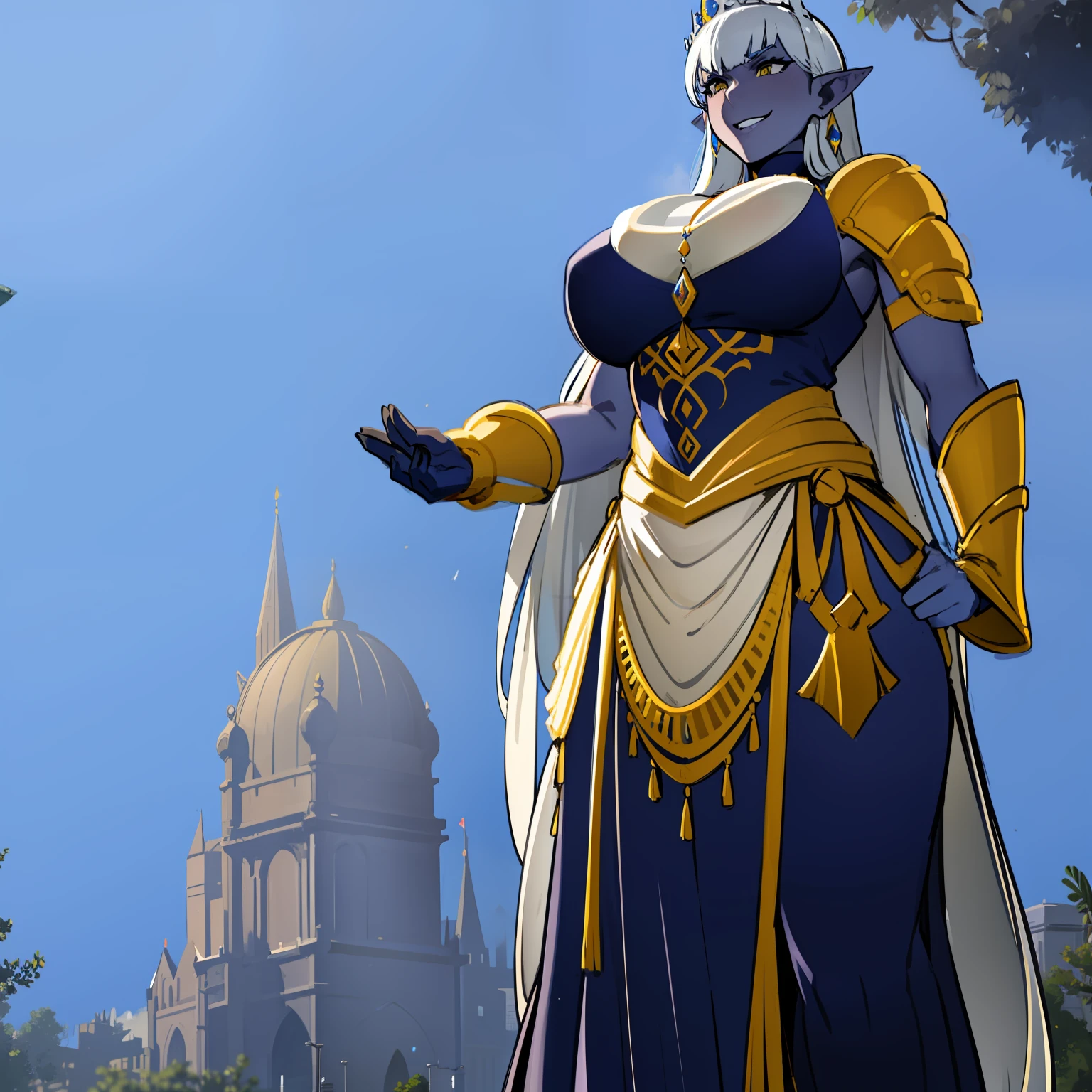 Dark skin , yellow eyes, black hair, tall, suuper busty and curvy, wears a skimpy blue dress and lots of jewelry,curvy,huge breath,GtsGiga,regal,dark elf,pointy ears,regal,smile,mature,milf,crown,queen,Looming,fantasy,dnd,Gtscity,cityscape,clouds,regal pose,masterpiece,best quality,blue dress,grey skin,solo,1girl,dark skinned female,Arabian outfit