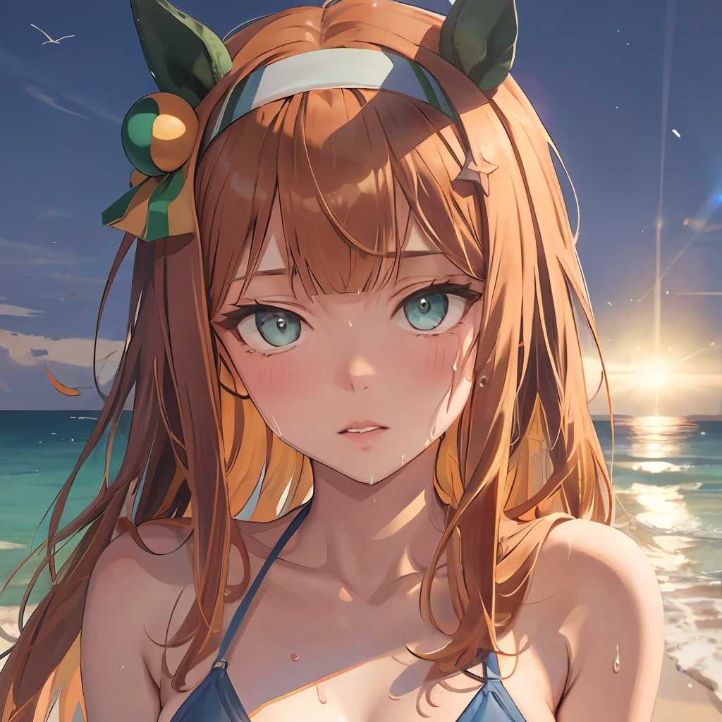 Masterpiece, Best Quality, close up, face shot,
silence suzuka \(umamusume\),horse ears, pony tail, Escape on the sand, The face is surprised, bikinis, The bra shines through, the sweat,Girl Vrosto, Little Crud, Smooth skin, Evening, multi-colored lights in the air, full length, shiny eyes, ruddy skin