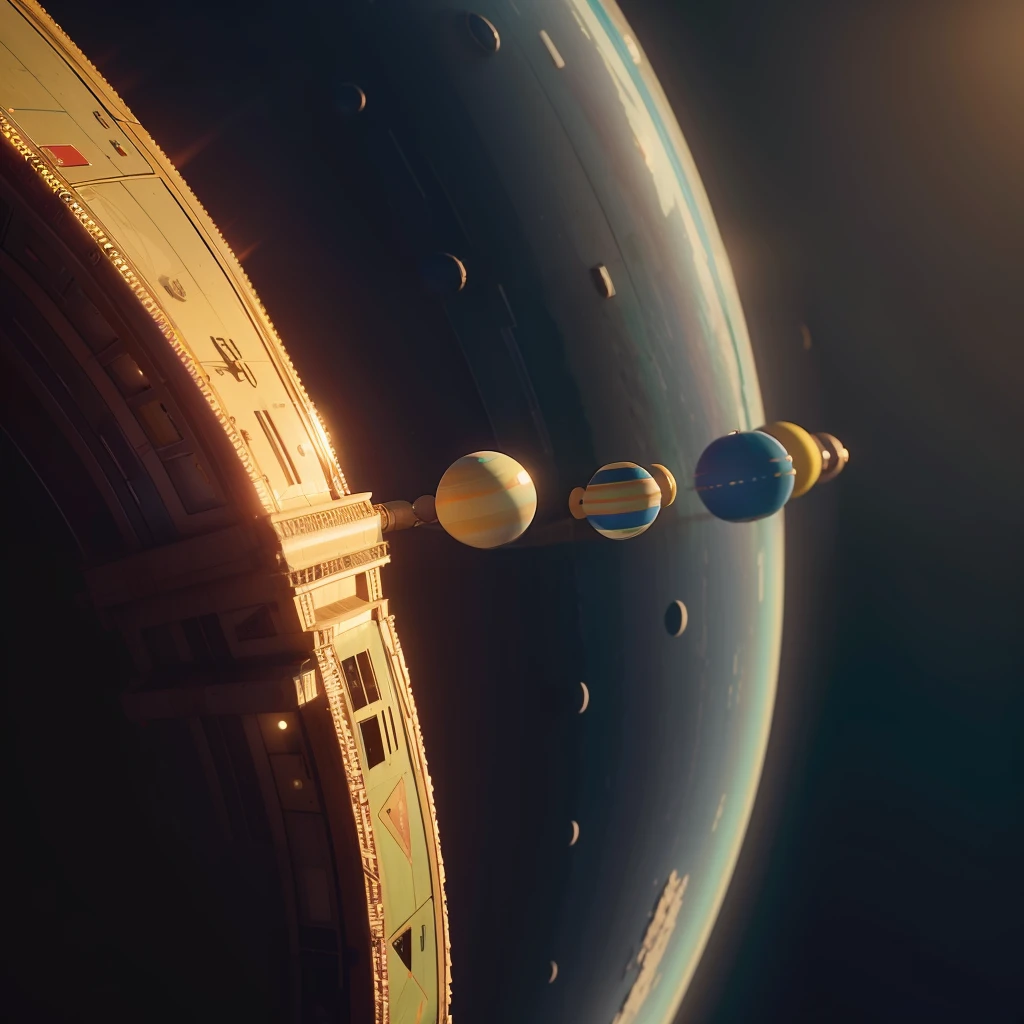 4k image of a beautiful planet with alien artificial rings, Imagem no estilo de Wes Anderson, cores pasteis, Photo taken from space in the style of Wes Anderson, Luz Natural, cinemactic, Estilo retro-futurista, Anos 70.