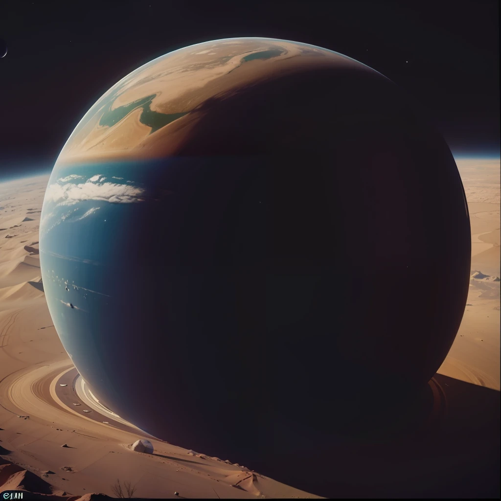 4k image of a beautiful planet with alien artificial rings, Imagem no estilo de Wes Anderson, cores pasteis, Photo taken from space in the style of Wes Anderson, Luz Natural, cinemactic, Estilo retro-futurista, Anos 70.
