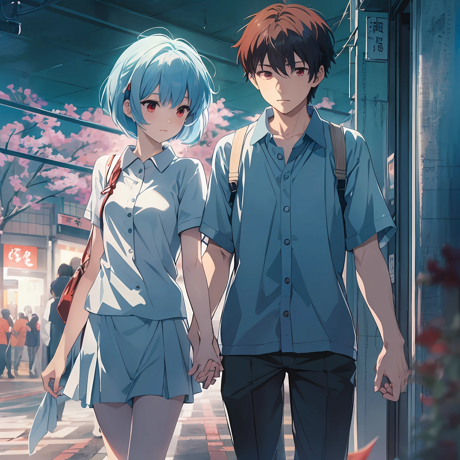 (校服),(japanse),Student Couple,Rei Ayanami(Blue-haired、red eyes),Shinji Ikari(A dark-haired),Couples without height difference,Scene of holding hands
