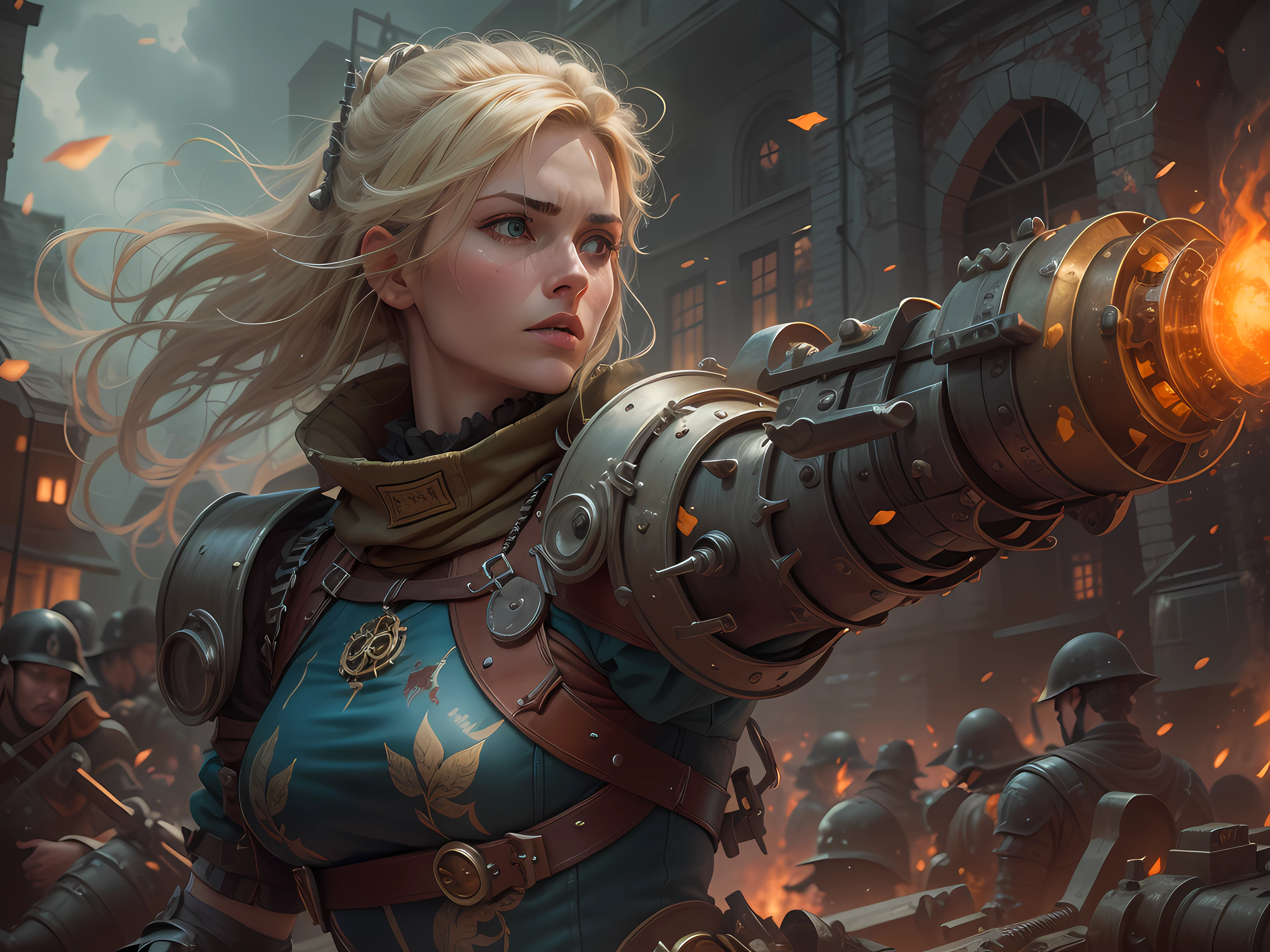 a European girls, solo, Blonde, tanned skin, cold-looking blue eyes, thin face, ripped body, wearing steampunk leather armor, leather legging, highnoon boots, carry a sword by waist and 2 pistol behind waist, masterpiece, best quality, Joan of Arc leading her army into battle, heroic, bright, moody, intense, steampunk knight, realistic shadows, high quality, ultra detailed in 4k, 8k, high resolution, sharp focus, depth of field, faded, (neutral colors:1.2), (hdr:1.4), (muted colors:1.2), hyperdetailed, (artstation:1.4), mechanism gears, industry technology, automaton, electric sparks cinematic atmosphere. (rutkowski:0.66), (teal and orange:0.4)", steampunk battle city background, monster in a battlefield of blood and fire. As he fought, the bodies of his enemies piled up around her, but he remained untouched, his figure growing larger and more majestic with each passing moment. Finally, after defeating the entire army alone, the general stood victorious, his sword still raised high. His bravery and triumph filled the battlefield with a sense of solemn grandeur. hdr, (photorealism, masterpiece quality, best quality). masterpiece, best quality, Joan of Arc leading her army into battle, heroic, bright, moody, intense. etermined expression, technomancer dark couds, floating lights, colorful leather vest with gears, techwear, steampunk in the background, machines, gears, steam, industry, technology, oven, dirt, anvil, buttons, levers, automaton, electricity, electric sparks epic atmosphere.