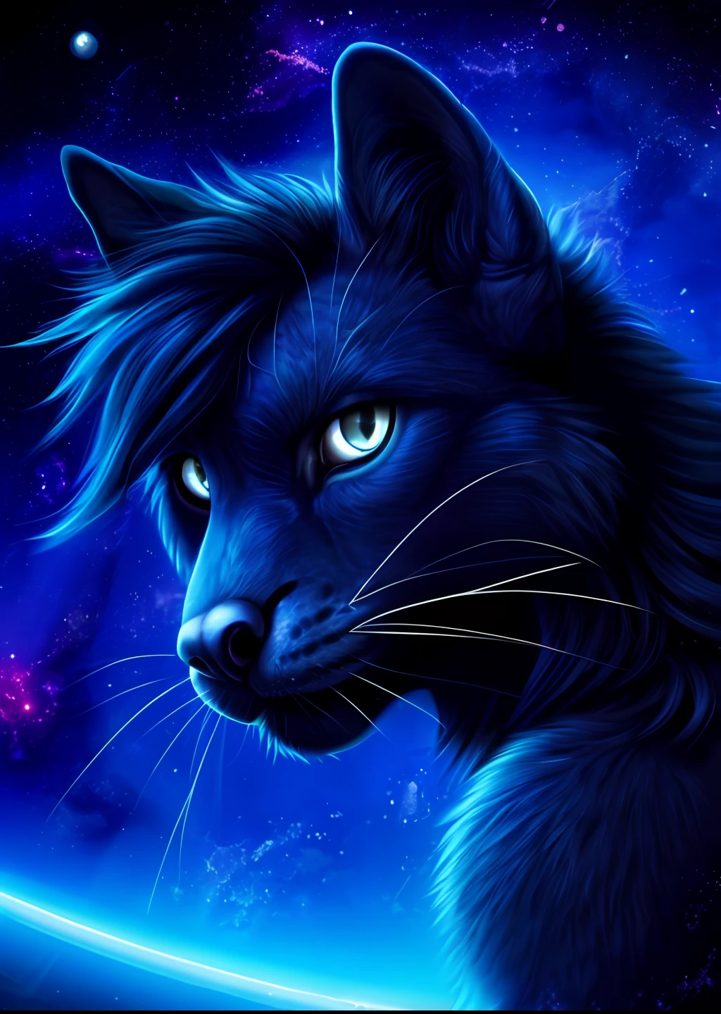 solo, mammal, whiskers, fur, star, space, anthro, hair, hi res, tuft, detailed, dark blue fur, dark body, looking at viewer, sky