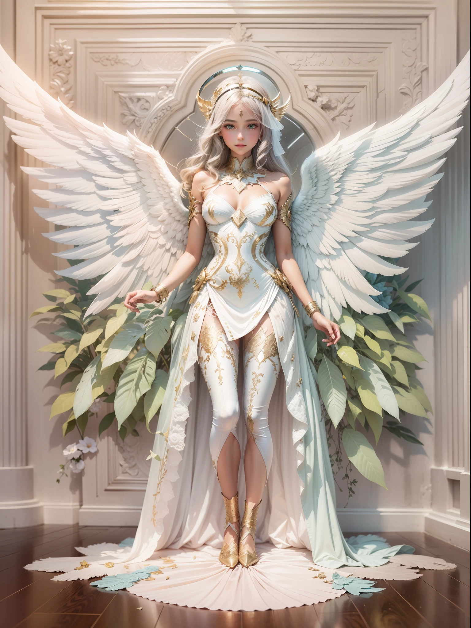 （full body shot of：1.4），white backgrounid，（1 Angel Girl，shiny wings，The halo，Delicate headgear，ssmile），（paper art，Quilted paper art，Geometry），（plethora of colors，Best quality，high detal，tmasterpiece，Cinematic lighting effects，4K，Chiaroscuro）