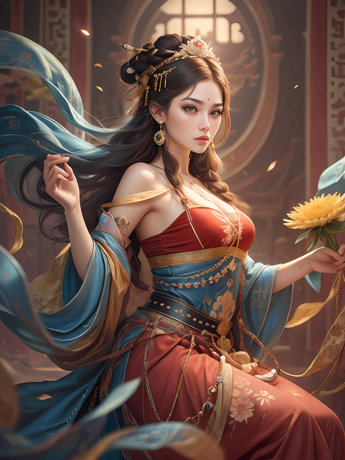 Best Quality, Masterpiece, Ultra-Detailed High Resolution, (Realistic: 1.4), Original Photo, , Illustration, 1 Girl, Handheld Weapon, (Solo Exhibition: 1.2), (Denim Lens: 1.2), (Hair Crown: 1.2), Chinese Dunhuang Traditional Costume, No Straps, (Red Eyeliner: 1.2), (Black Eyes: 1.4), Earrings, Dynamic Angle, Opera House, messy_long_hair, Ink, Movie Lights, lens_flare, Velvet, Chrysanthemum, Tassels, Ribbon, colorful embroidery, upper body, facing the camera, dynamic pose, large chest, embroidered cloth shoes