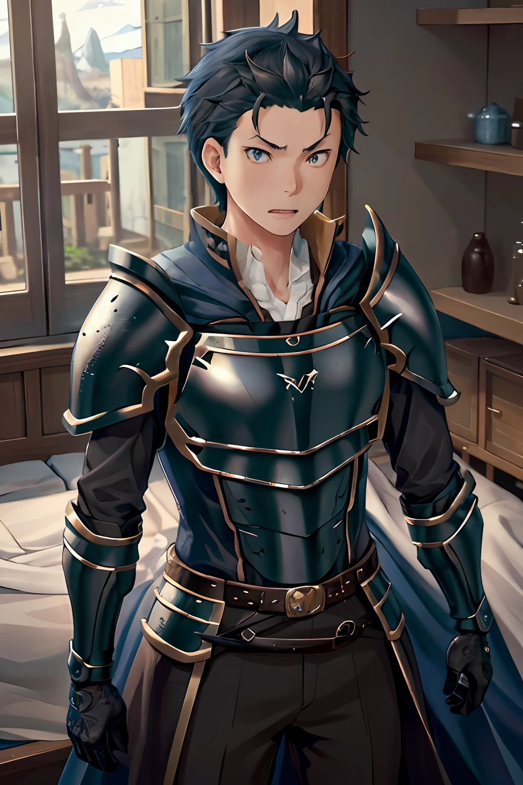（1 Adult male），A high resolution， Sharp focus， Pixiv masterpiece， （（Complicated details））， highly  detailed， natsuki_subaru， 1 man， with her mouth open，drools，full bodyesbian， blue colored eyes（eyes glowing）， with short black hair，Armour，cloaks，Shoulder armor，perspire，look from down