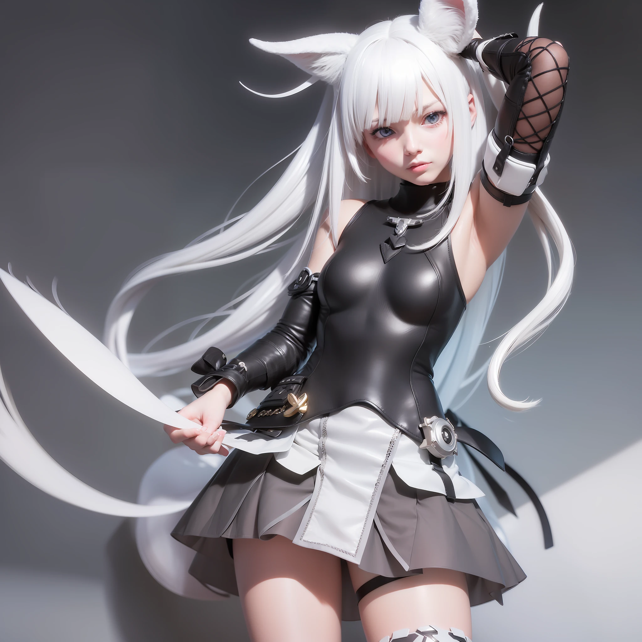 (illusory engine,3D,CG,Ray tracing,rtx on,ambient occulsion,v-sync,ultra graphics quality,Anti – Aliasing,hdr,rtx 4090 ultra graphics settings,8x MSAA,ultra shadow quality,super sampling),(Batshit insane quality),(Masterpiece, Best quality:1.2),1girll,. Pan Chen,(Tail:1.3),Animal_hor ears,White_Hair,Grey_Eyes,fingerless_mitts,upper legs,bow,DX,