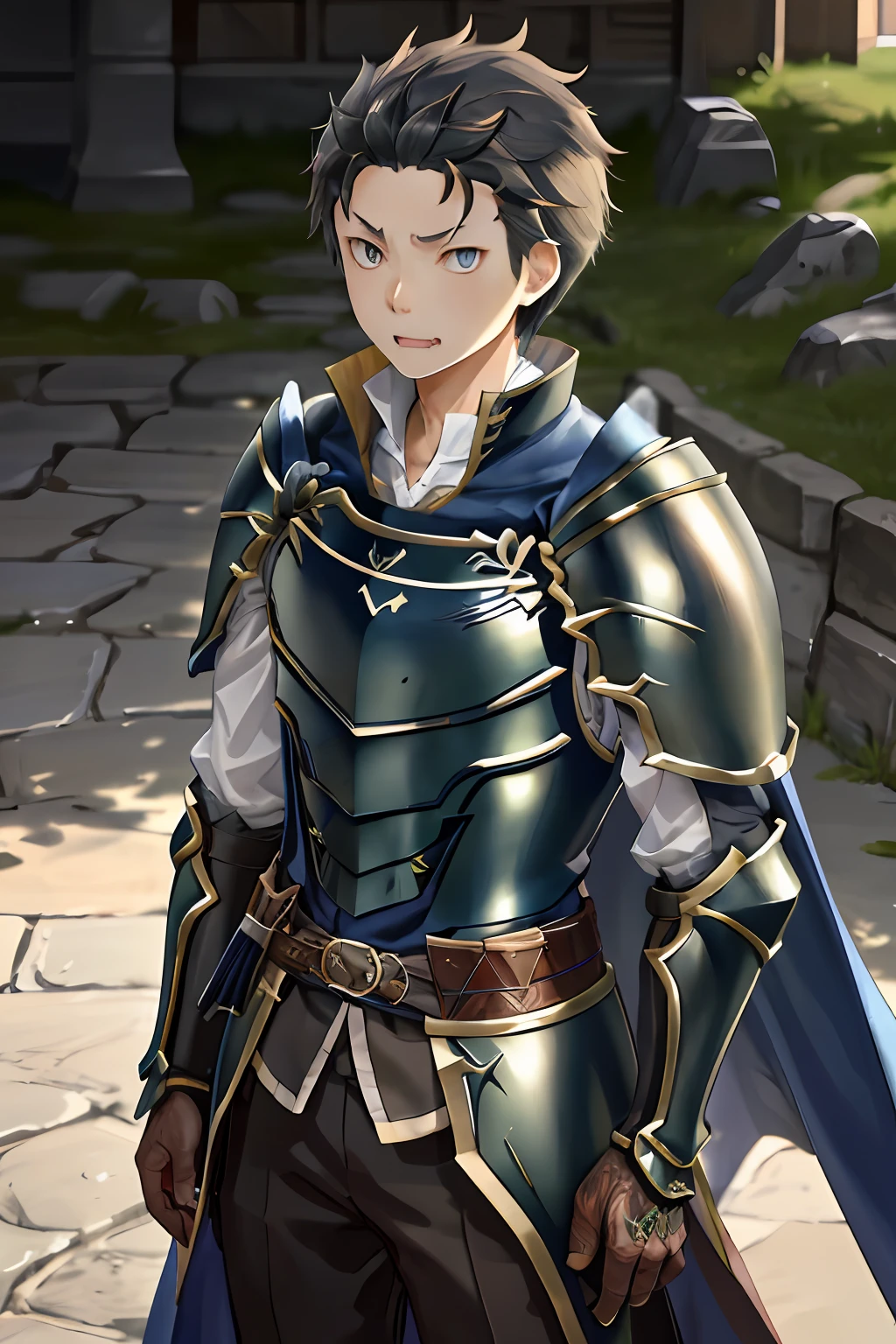 (1 Adult male),A high resolution, Sharp focus, Pixiv masterpiece, ((Complicated details)), highly detailed, natsuki_subaru, 1 man, with her mouth open,drools,full bodyesbian, blue colored eyes(eyes glowing), with short black hair,Armour,cloaks,Shoulder armor,perspire,look from down