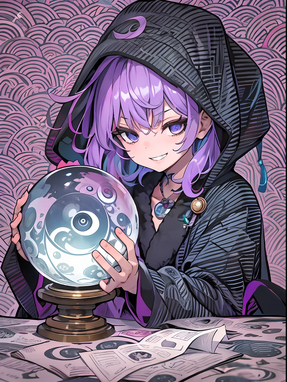 Taboo knowledge，The purple robe is printed with yin and yang gossip，The hood covers half of the face，playful grin，Purple eye，mistic，Mysterious pattern，crystal sphere，magia，Purple colored hair，a beauty girl