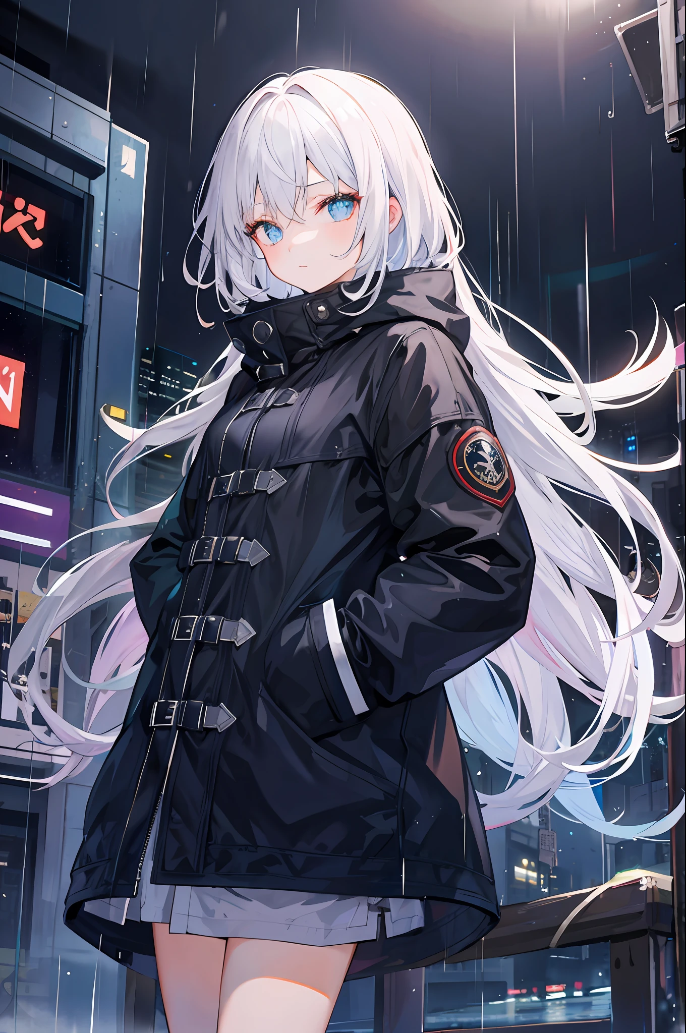 1girl, Night City, rain, coat, hands in pockets