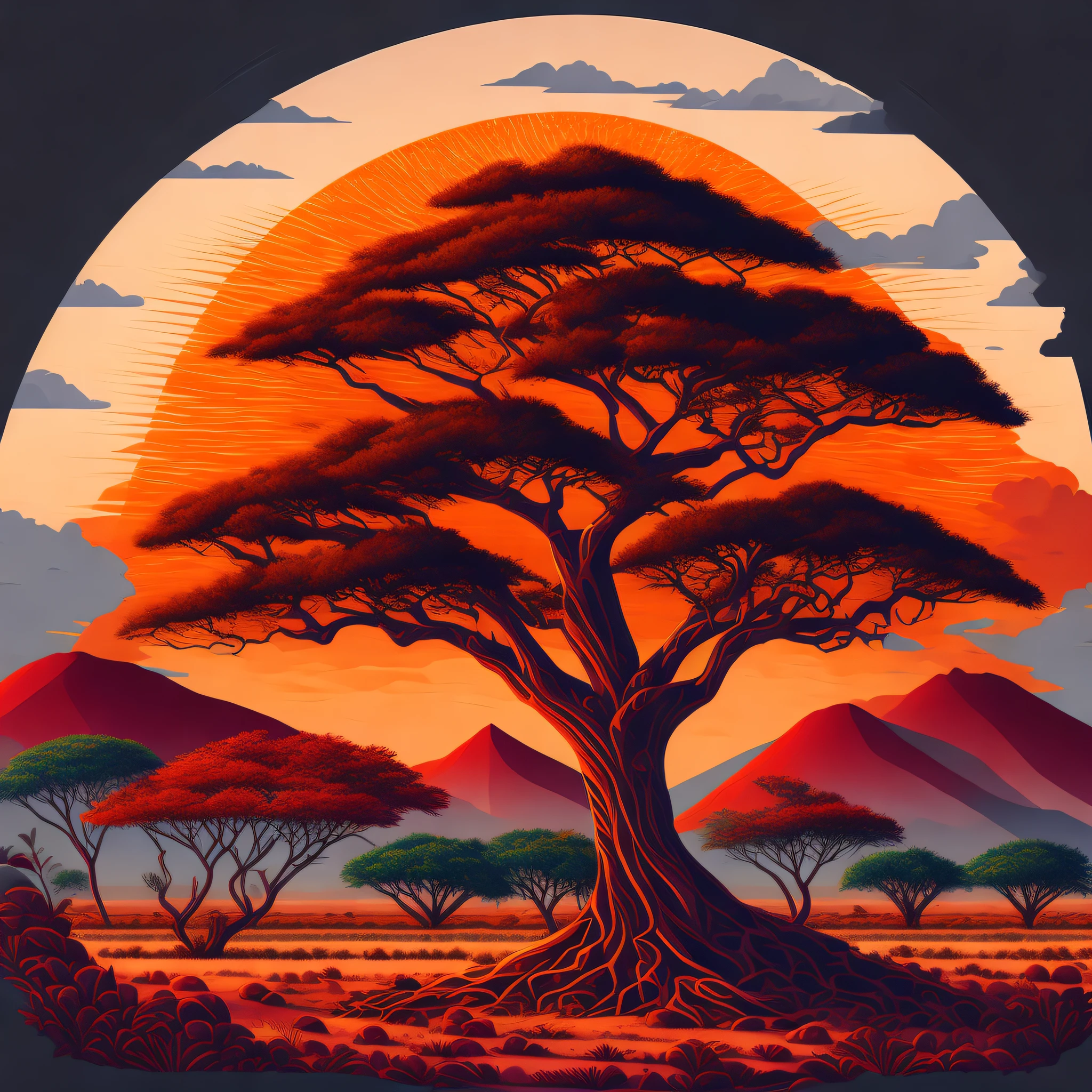 An African thorn tree standing tall in a picturesque savanna landscape, serving as a captivating t-shirt design with intricate details and vibrant colors, inspired by @rzminjourney's captivating vector art.