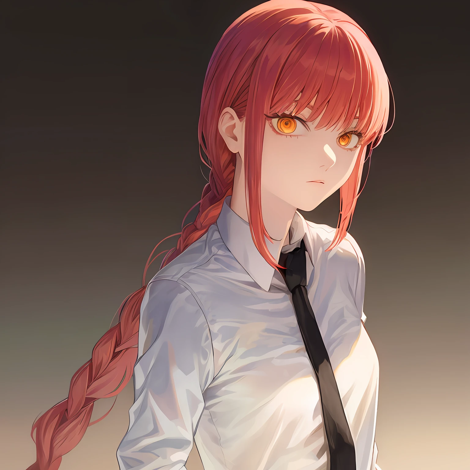 makima \(chainsaw man\), best quality, ultra detailed, 1girl, solo, standing, red hair with long braid, braided ponytail, golden eyes, bangs, medium breasts, black pants, necktie, stare,, (evil:0.7), looking at viewer, (interview:1.3), (dark background, chains:1.3) ,