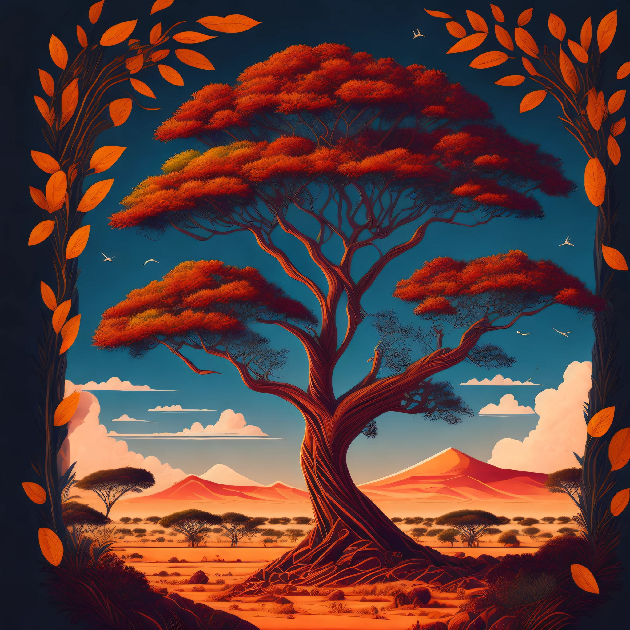 An African thorn tree standing tall in a picturesque savanna landscape, serving as a captivating t-shirt design with intricate details and vibrant colors, inspired by @rzminjourney's captivating vector art.