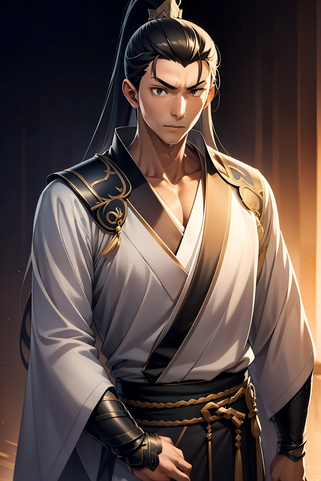quadratic element,style of anime,mtu(Male Warrior),The proportions are correct,Face details,swordsmen,High ponytail hairstyle,Neck details,There is an Adam's apple,Black Hanfu,kaftan,Embroidered robes,Black robe,clothes details,Handing over,longer sleeves,Game quality,Swordsmanship,Light and shadow tracking,Ray traching,detailed glow,cg render,hair detail,cabelos preto e longos,Black eyes,Handsome,Handsome,(juvenile sense),Clothing is complicated,Perfectcomposition,Refinement,high qulity,higher details,Lots of details,The background is complex,a sense of atmosphere,