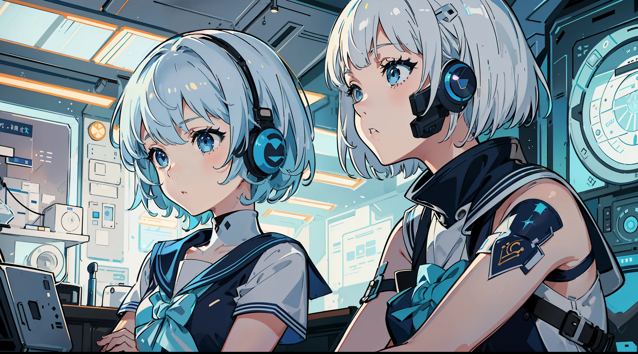 2girl, one is a short girl with blue eyes in a sailor suit with a blonde bob cut and the other is a short girl with blue eyes in a sailor suit with a silver hair cut and asymmetrical bangs, (sitting), blue cyber punk room, blue fluorescent light, room with lots of monitors and speakers