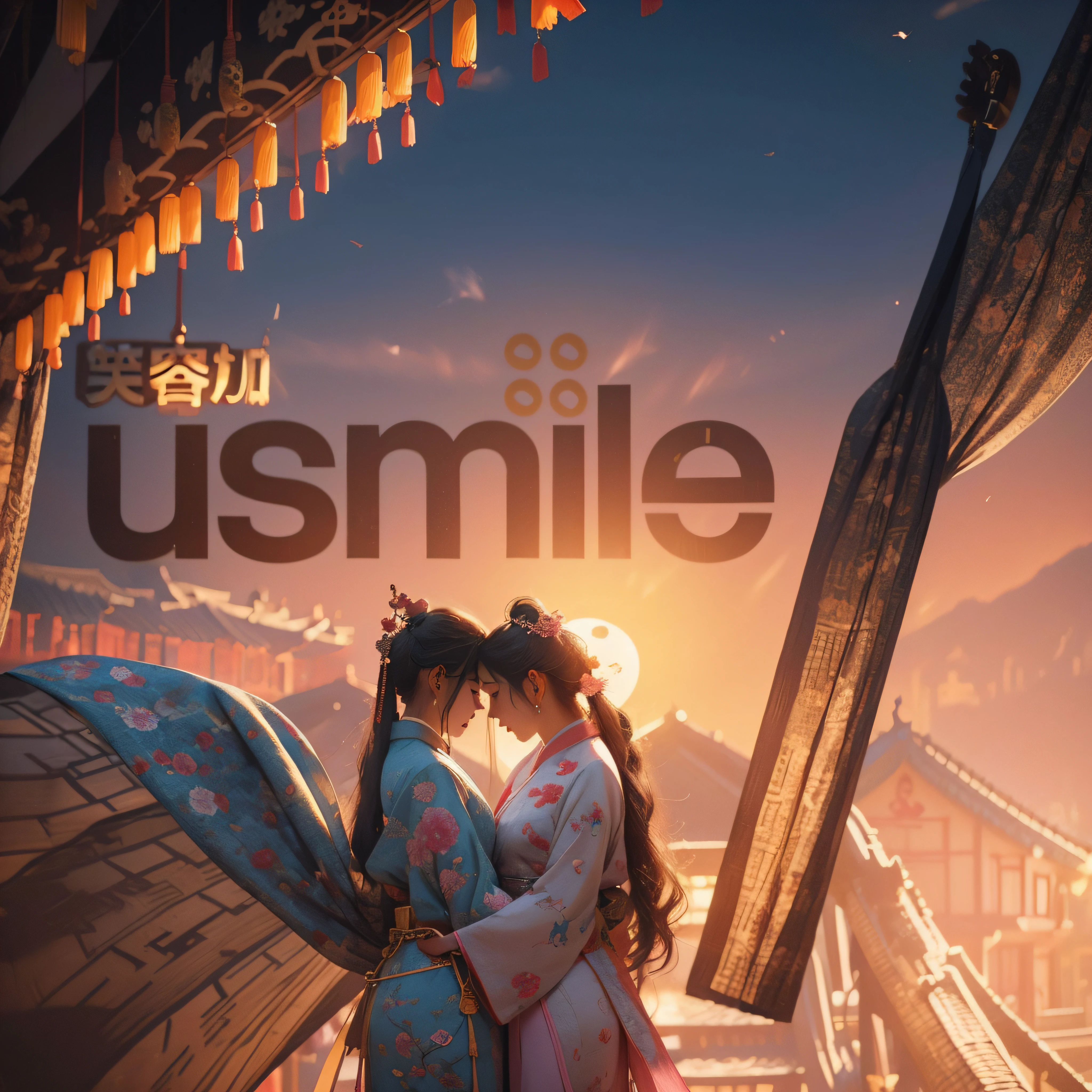 Tanabata，couple，hugs，Chinese Ancient Times，Traditional China，Realiy，tmasterpiece，8K，4K，In pink，amarelo，Contre-Jour，cameras，Magpie Bridge，mountain water，couple，sweet，Traditional festivals，Chinese tradition
