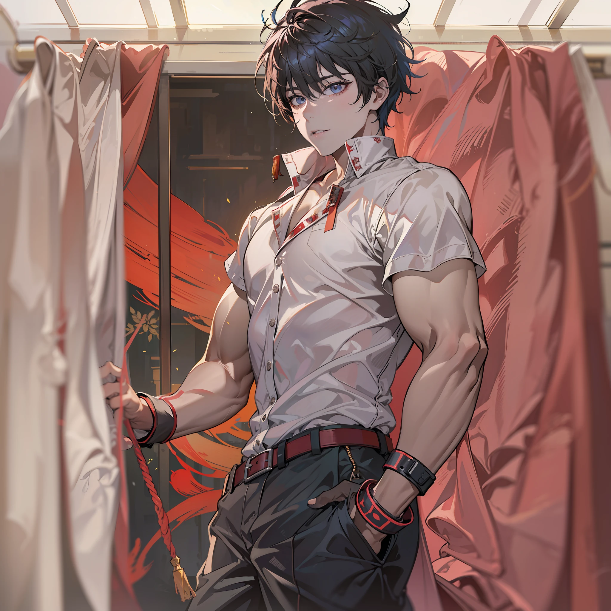 (absurdres, highres, ultra detailed),(Masterpiece, best quality:1.2),a close up of a person with a shirt on standing in front of a curtain, full body!!, full body picture, style of red line anime movie, as an anime character, style of madhouse anime, full body savage devilman, ken kaneki, !!full body portrait!!, muscular!!, full body!, male anime character, full body!!!