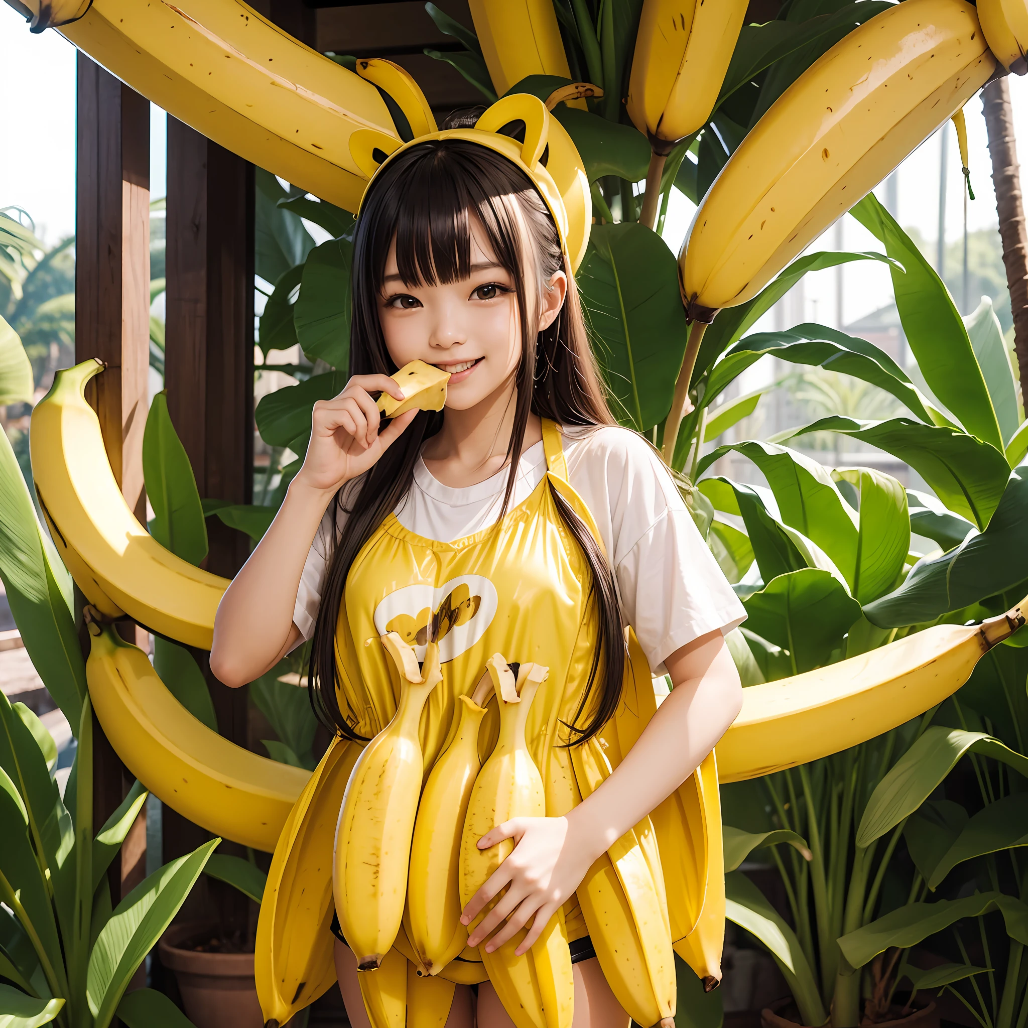 masterpiece、top-quality、realisitic、Photorealsitic、Banana-themed paradise、Teenage Japan woman in cute costume with banana motif、Banana Accessories、eating banana、Surrounded by lots of bananas、Banana plantation、Bright décor、A smile、Joy、dynamic ungle、动态照明