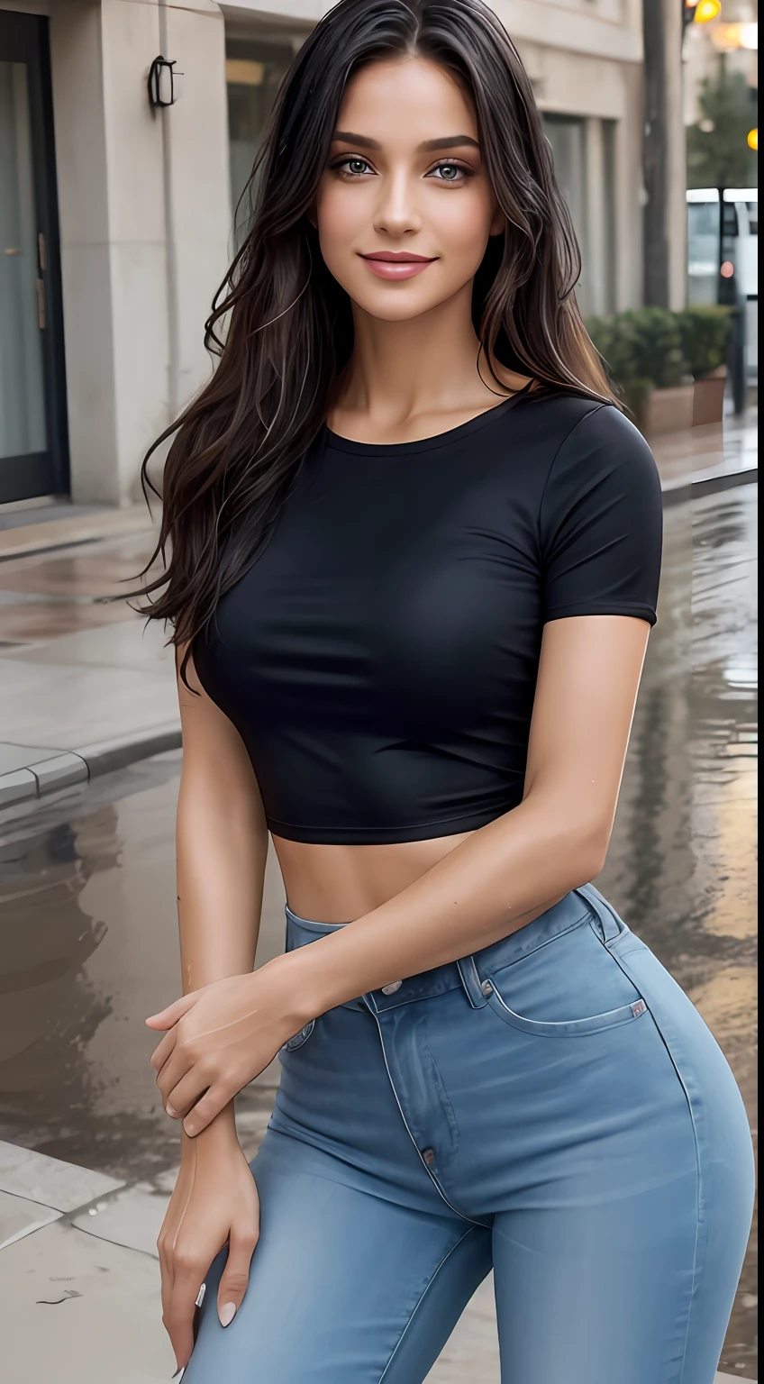 ((Best Quality, 8k, Masterpiece:1.3)), Focus: 1.2, Perfect Body Beauty: 1.4, front looking 1.2, ((Long Hair)), (Wet black round neck plain Tee-shirt:1.1) , (Rain, Street:1.3), light blue skinny jeans : 1.1, Highly detailed face and skin texture, Detailed eyes, Double eyelids, toned body, Whitened skin, smile, black hair's, heels, perfect feet's, firm breasts, firm thiges, looking at camera, fashion shoot style, full body length tee-shirt, Short sleeves