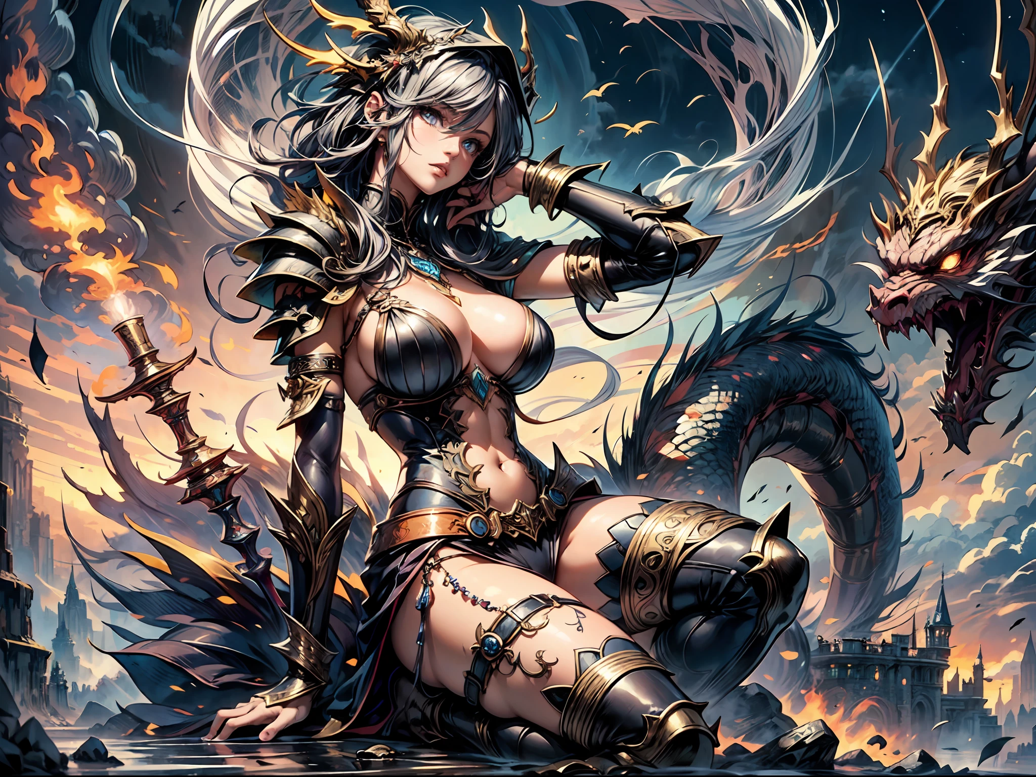 ((best quality)), ((masterpiece)), (detailed), realistic eyes, black hair, black leather outfit, armor, evil landscape, alluring female witch, BREAK ethereal beauty, sitting on a dead tree, (fantasy illustration:1.3), enchanting gaze, captivating pose,(girl focus:0.7), otherworldly charm, mystical sky, BREAK (Luis Royo:1.2), (Yoshitaka Amano:1.1), moonlit night, soft colors, (detailed cloudscape:1.3), (high-resolution:1.2) (dragon flying in the sky in the background), thong, BREAK legs dangling above lava, evil goddess, realistic, realism, sexy body, glowing torches, long leges, skinny sexy body, perfect exposed boobs, tattoos