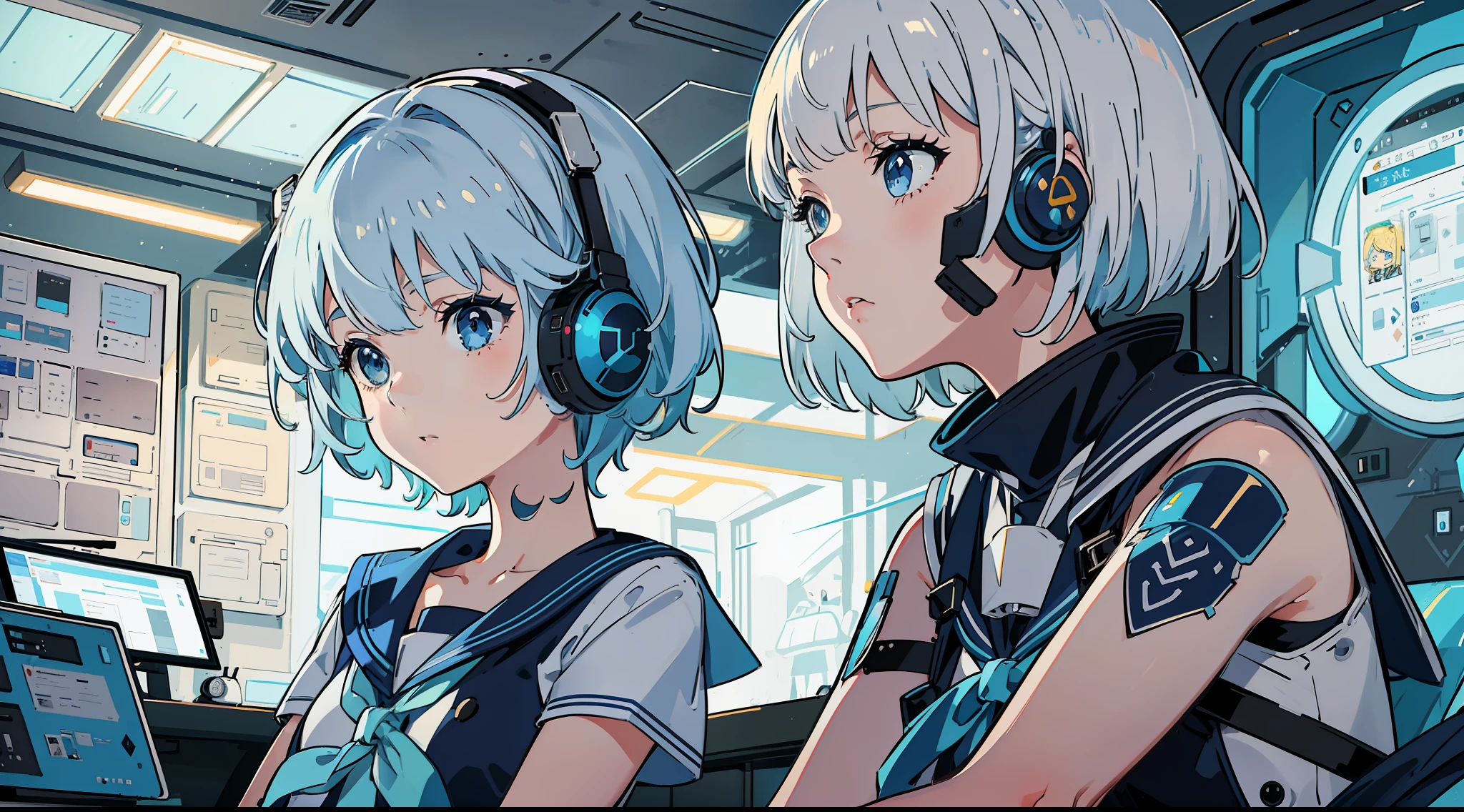 2girl, one is a short girl with blue eyes in a sailor suit with a blonde bob cut and the other is a short girl with blue eyes in a sailor suit with a silver hair cut and asymmetrical bangs, (sitting), blue cyber punk room, blue fluorescent light, room with lots of monitors and speakers