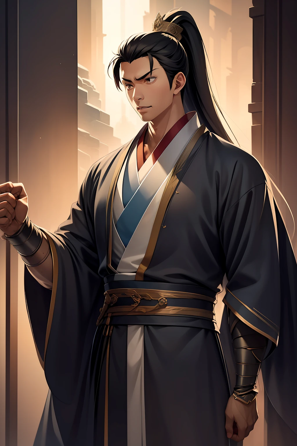 quadratic element,style of anime,mtu(Male Warrior),The proportions are correct,Face details,swordsmen,High ponytail hairstyle,Neck details,There is an Adam's apple,Black Hanfu,kaftan,Embroidered robes,Black robe,clothes details,Handing over,longer sleeves,Game quality,Swordsmanship,Light and shadow tracking,Ray traching,detailed glow,cg render,hair detail,cabelos preto e longos,Black eyes,Handsome,Handsome,(juvenile sense),Clothing is complicated,Perfectcomposition,Refinement,high qulity,higher details,Lots of details,The background is complex,a sense of atmosphere,