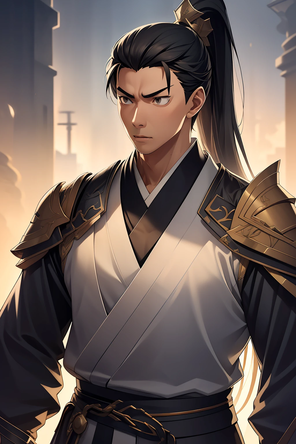 quadratic element，style of anime，mtu（Male Warrior），The proportions are correct，Face details，swordsmen，High ponytail hairstyle，Neck details，There is an Adam's apple，Black Hanfu，kaftan，Embroidered robes，Black robe，clothes details，Handing over，longer sleeves，Game quality，Swordsmanship，Light and shadow tracking，Ray traching，detailed glow，cg render，hair detail，cabelos preto e longos，Black eyes，Handsome，Handsome，（juvenile sense），Clothing is complicated，Perfectcomposition，Refinement，high qulity，higher details，Lots of details，The background is complex，a sense of atmosphere，