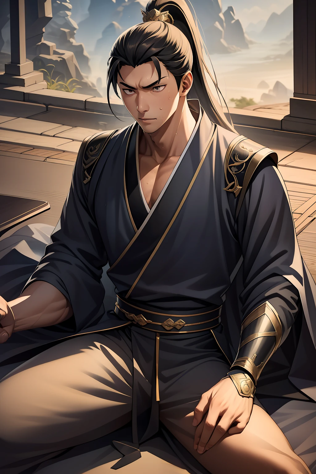 quadratic element,style of anime,mtu(Male Warrior),The proportions are correct,Face details,swordsmen,High ponytail hairstyle,Neck details,There is an Adam's apple,Black Hanfu,kaftan,Embroidered robes,Black robe,clothes details,Handing over,longer sleeves,Game quality,Swordsmanship,Light and shadow tracking,Ray traching,detailed glow,cg render,hair detail,cabelos preto e longos,Black eyes,Handsome,Handsome,(juvenile sense),Clothing is complicated,Perfectcomposition,Refinement,high qulity,higher details,Lots of details,The background is complex,a sense of atmosphere,