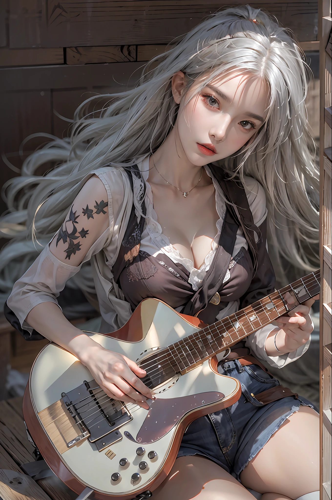 photorealistic, high resolution, 1 women, solo, hips up, look at viewer, (detailed face), white hair, long hair, medium breasts, wanderer clothes, playing guitar
