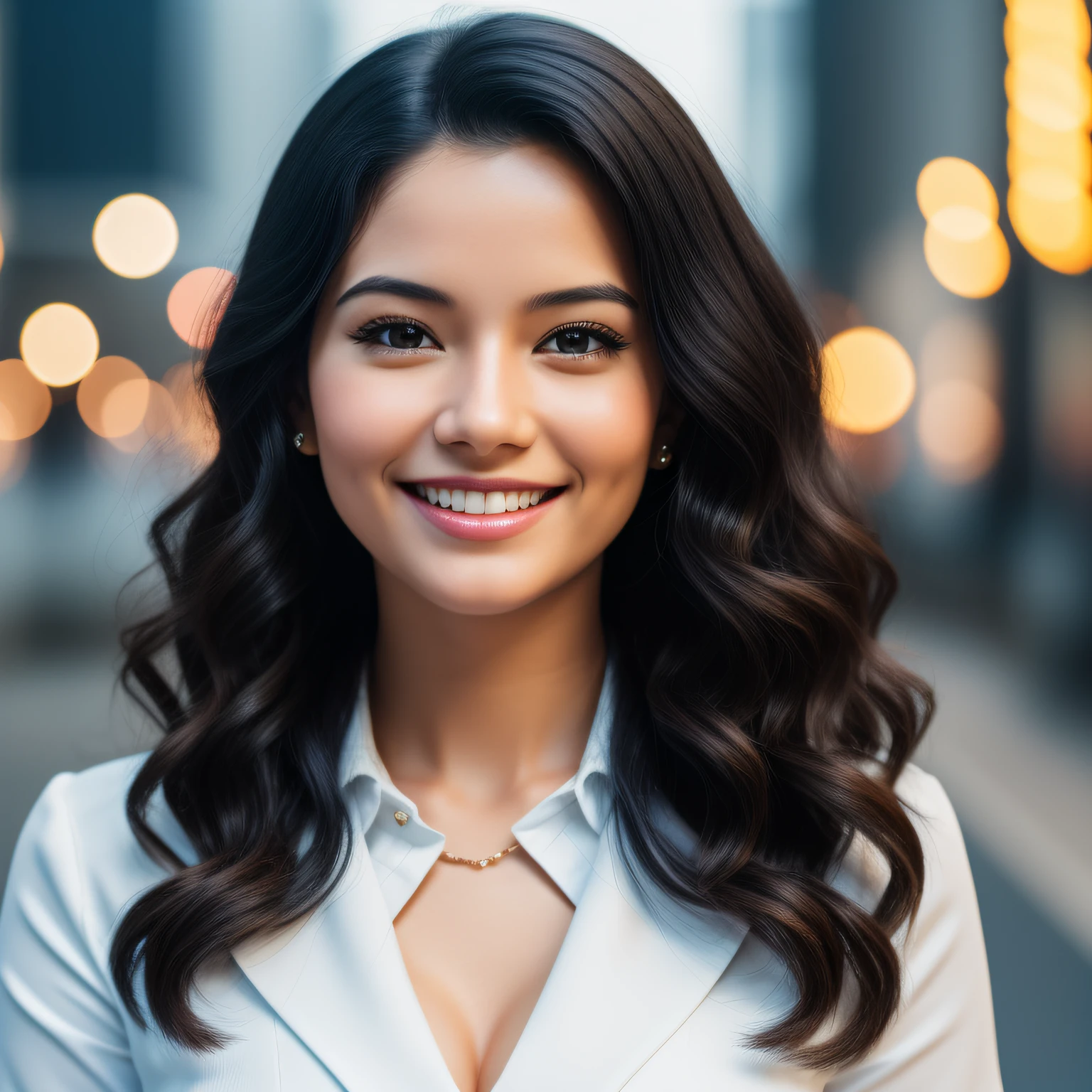 generate an AI presenter. Beautiful woman with beautiful smile and dimple. Wearing office dress and wavy curls but not curly. Half size body staring camera. realistic avatar. high resolution 8k. bokeh. Bright face. Lighting on face. smooth skin. black hair, with blush face