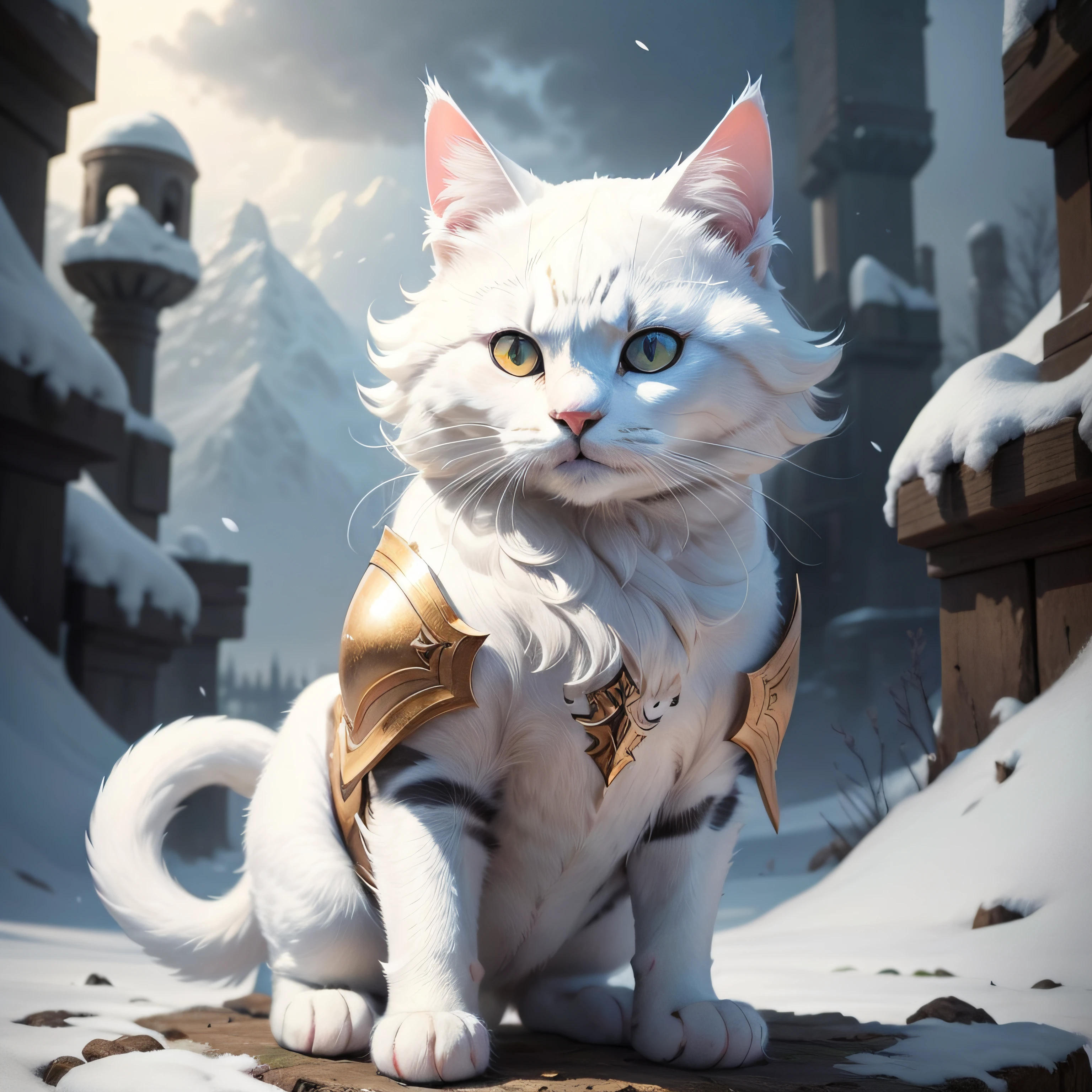an adorable cat warrior wearing white armor. Please depict the cat with a brave and powerful appearance, while still maintaining the feline grace. Use white as the dominant color for both the fur and the armor. The image can be set in a suitable landscape that complements the warrior spirit of this cat.